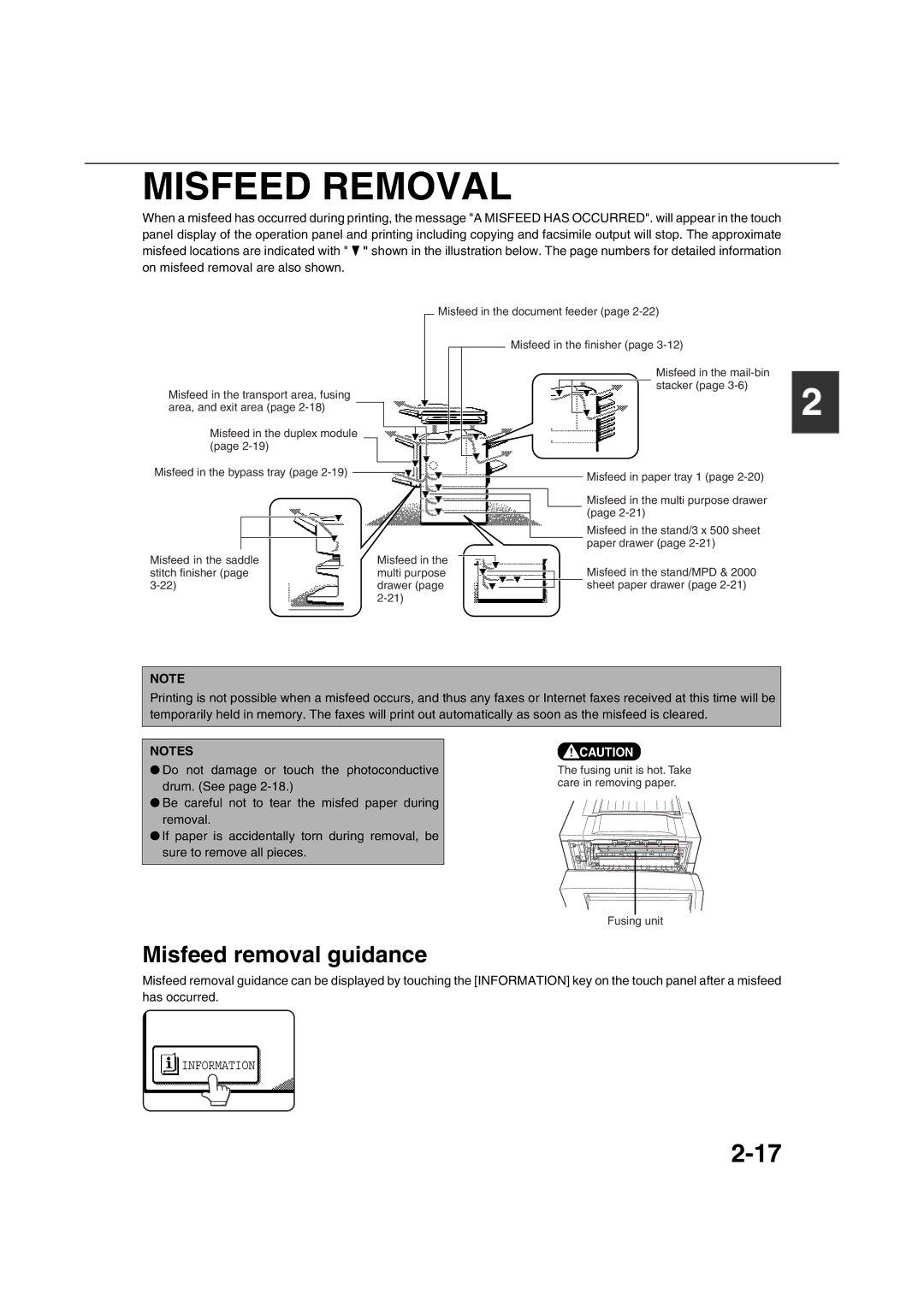 Sharp AR-M351U AR-M451U AR-M351N AR-M451N specifications Misfeed Removal, Misfeed removal guidance 