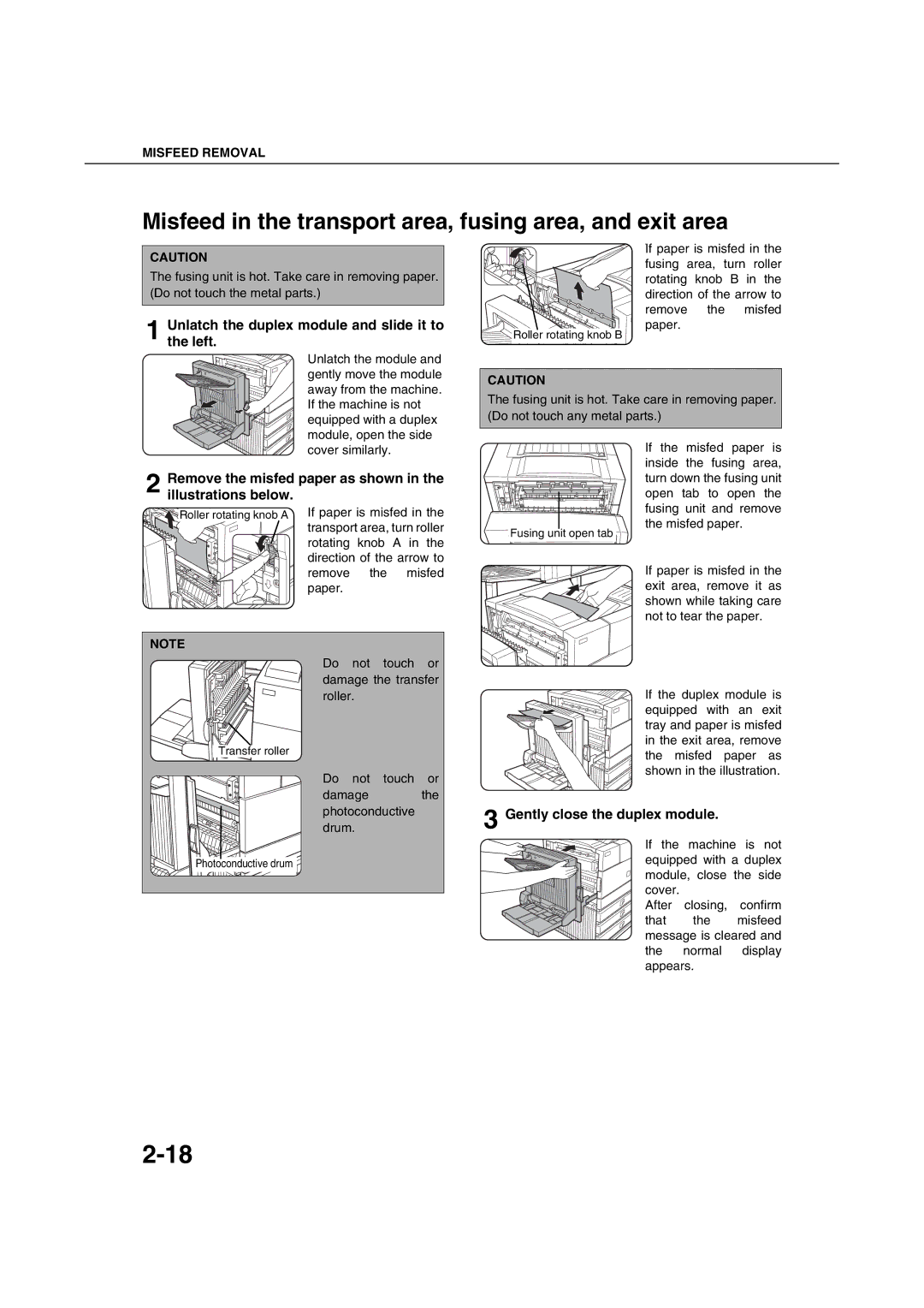 Sharp AR-M351U AR-M451U AR-M351N AR-M451N specifications Misfeed in the transport area, fusing area, and exit area 