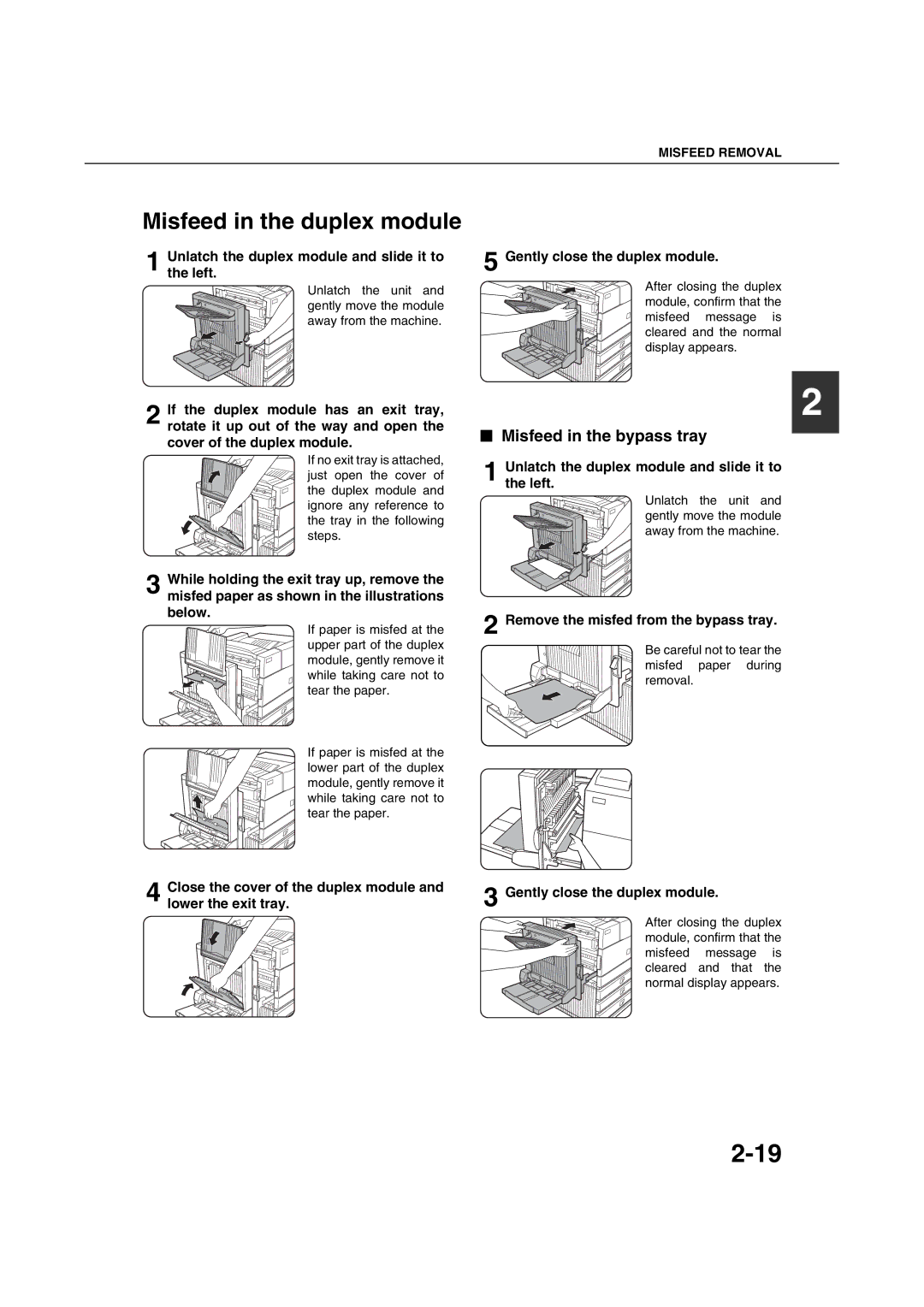 Sharp AR-M351U AR-M451U AR-M351N AR-M451N specifications Misfeed in the duplex module, Misfeed in the bypass tray 