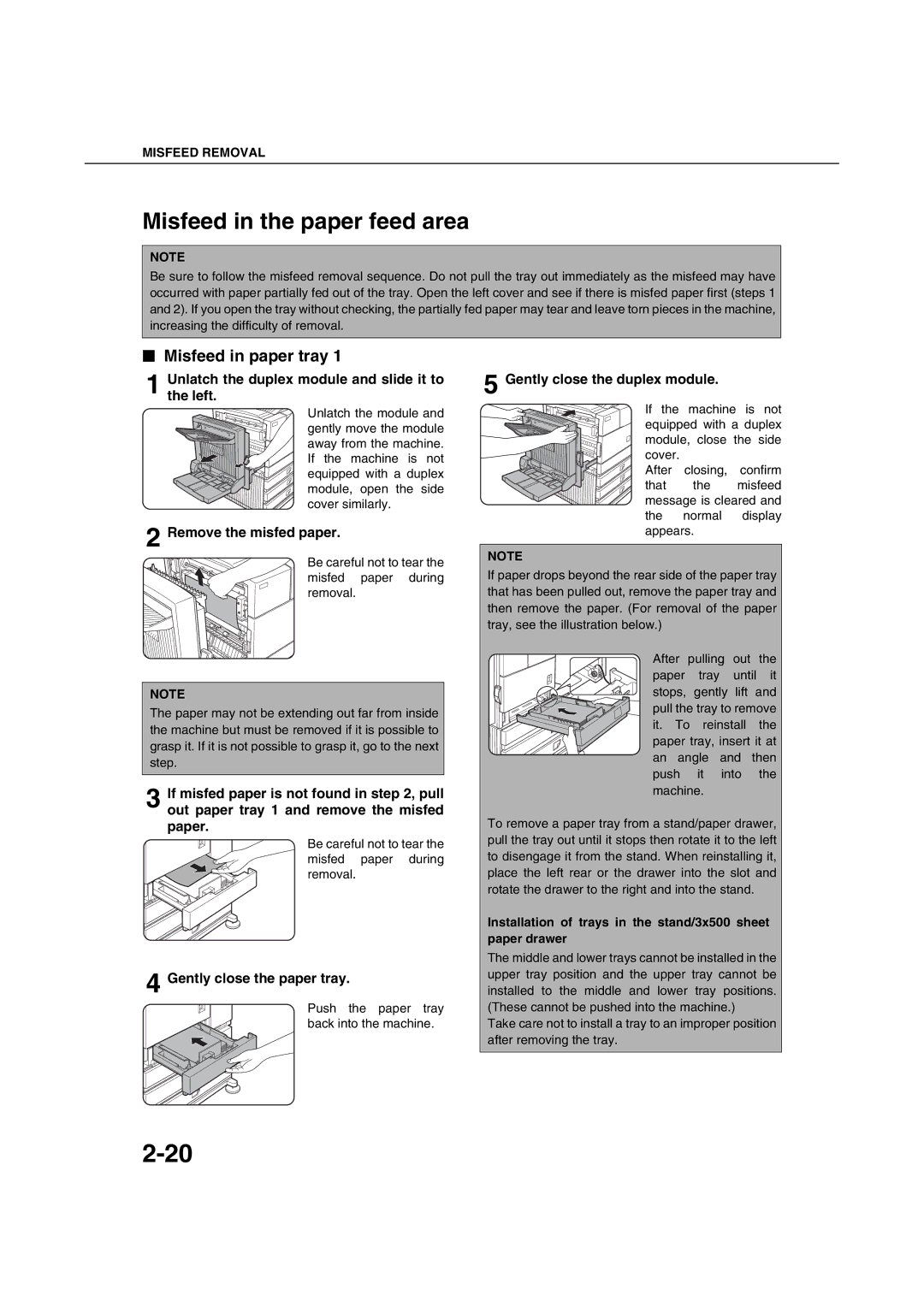 Sharp AR-M351U AR-M451U AR-M351N AR-M451N Misfeed in the paper feed area, Misfeed in paper tray, Remove the misfed paper 