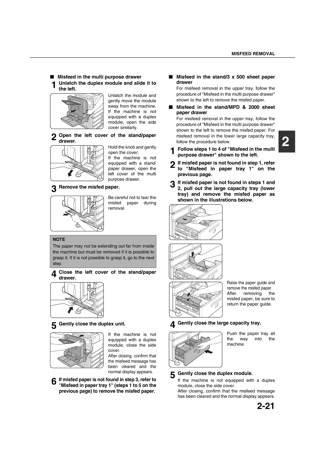 Sharp AR-M351U AR-M451U AR-M351N AR-M451N Open the left cover of the stand/paper drawer, Gently close the duplex unit 