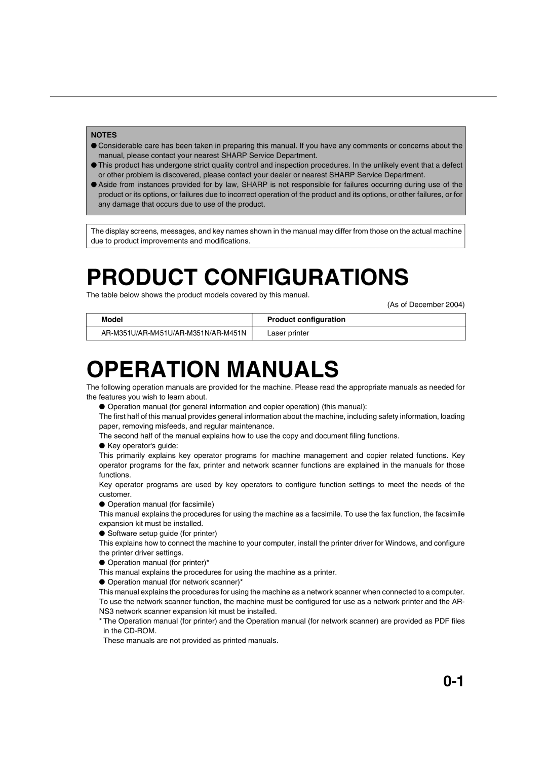 Sharp AR-M351U AR-M451U AR-M351N AR-M451N specifications Product Configurations 