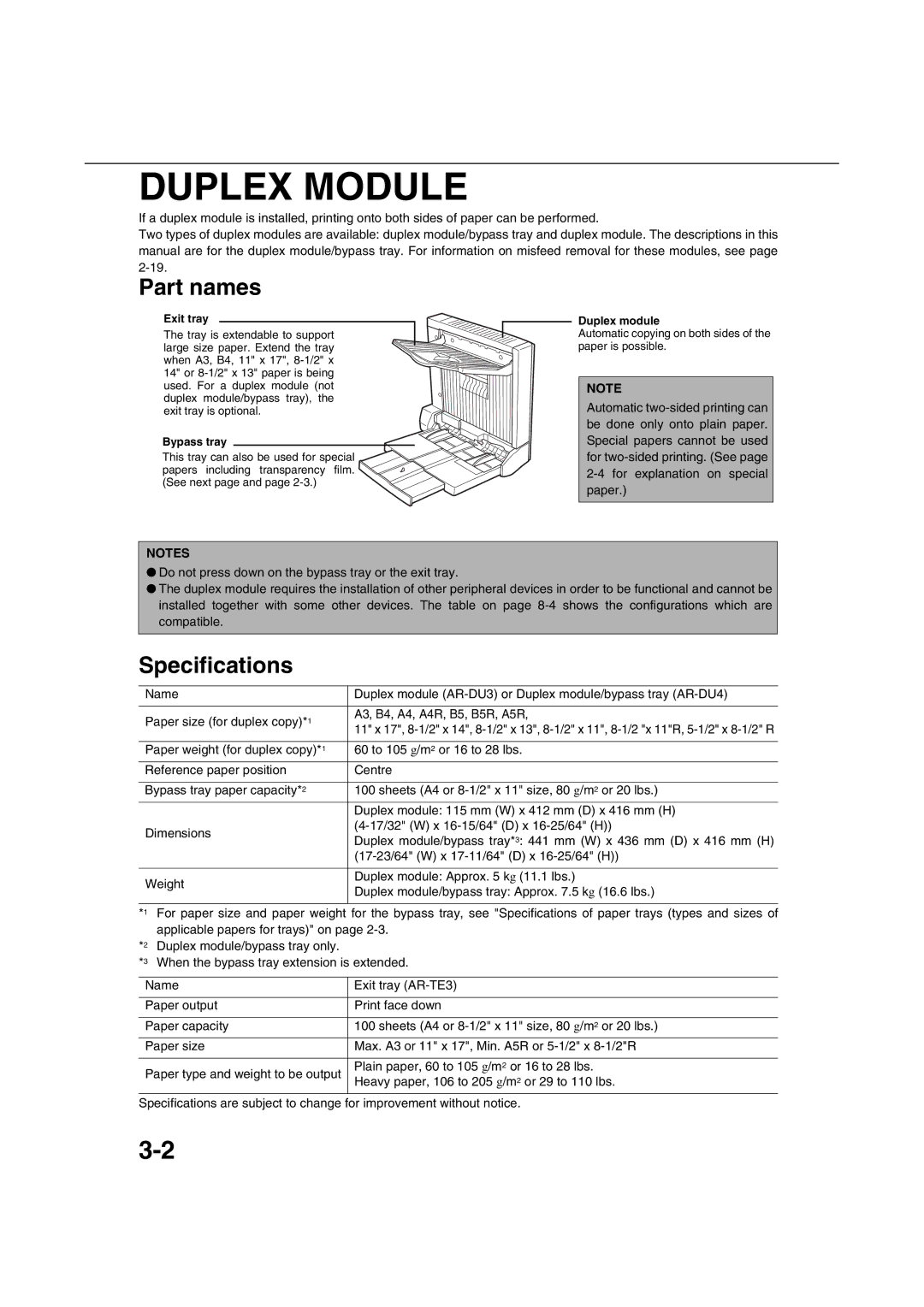 Sharp AR-M351U AR-M451U AR-M351N AR-M451N specifications Duplex Module, Part names, Specifications 