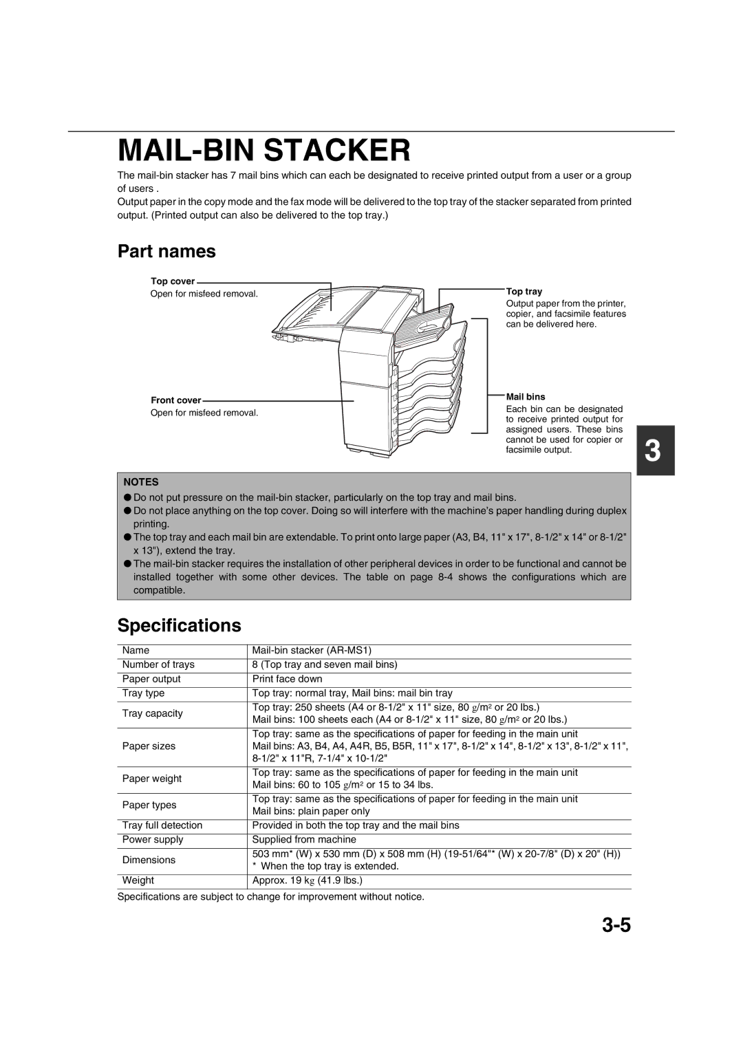 Sharp AR-M351U AR-M451U AR-M351N AR-M451N specifications MAIL-BIN Stacker, 2 x 11R, 7-1/4 x 10-1/2 