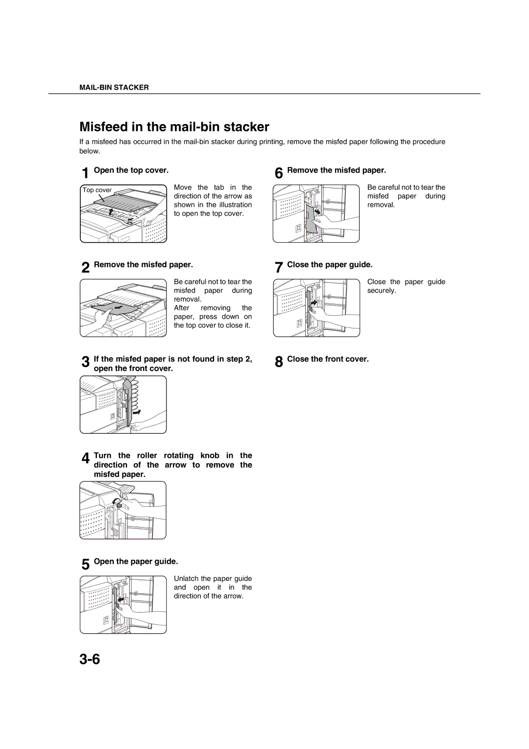 Sharp AR-M351U AR-M451U AR-M351N AR-M451N Misfeed in the mail-bin stacker, Open the top cover, Close the paper guide 