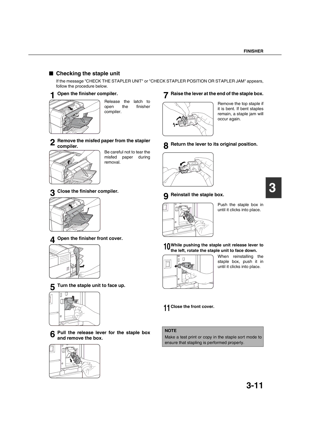 Sharp AR-M351U AR-M451U AR-M351N AR-M451N Checking the staple unit, Open the finisher compiler, 11Close the front cover 