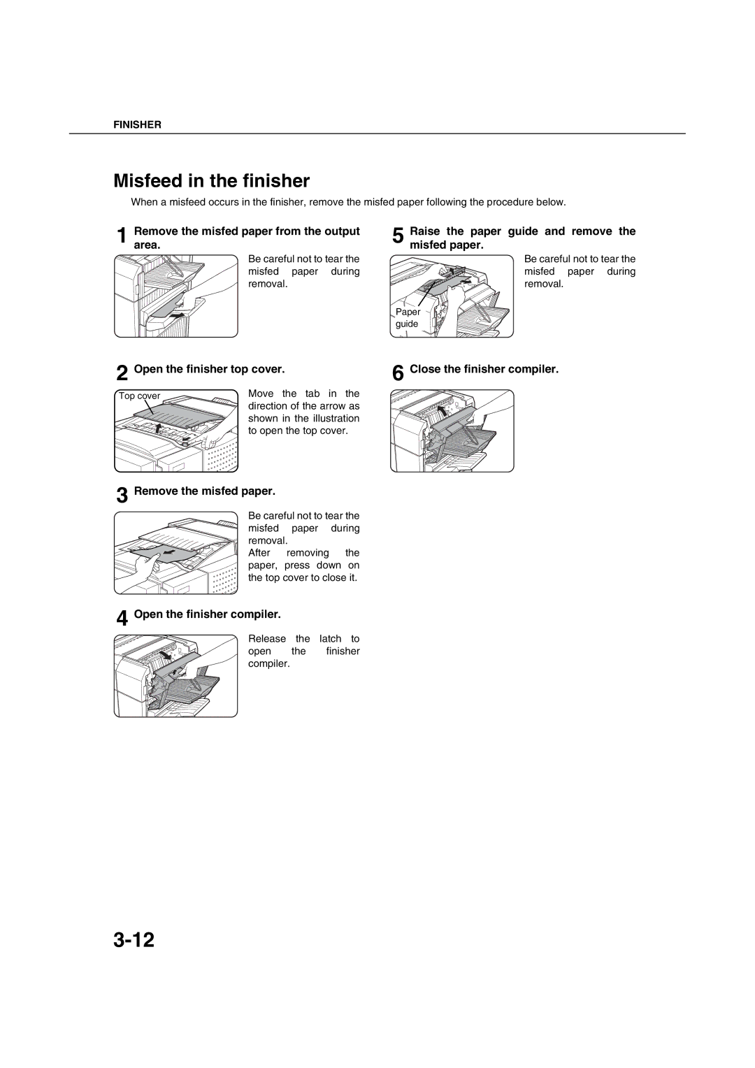 Sharp AR-M351U AR-M451U AR-M351N AR-M451N Misfeed in the finisher, Removearea. the misfed paper from the output 