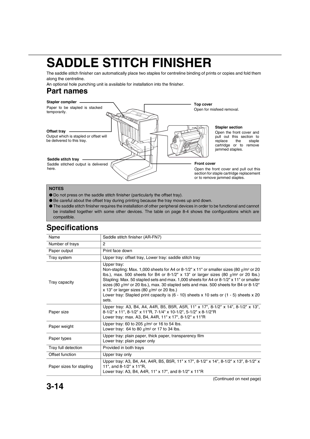 Sharp AR-M351U AR-M451U AR-M351N AR-M451N specifications Saddle Stitch Finisher, Or larger sizes 80 g/m2 or 20 lbs, Sets 