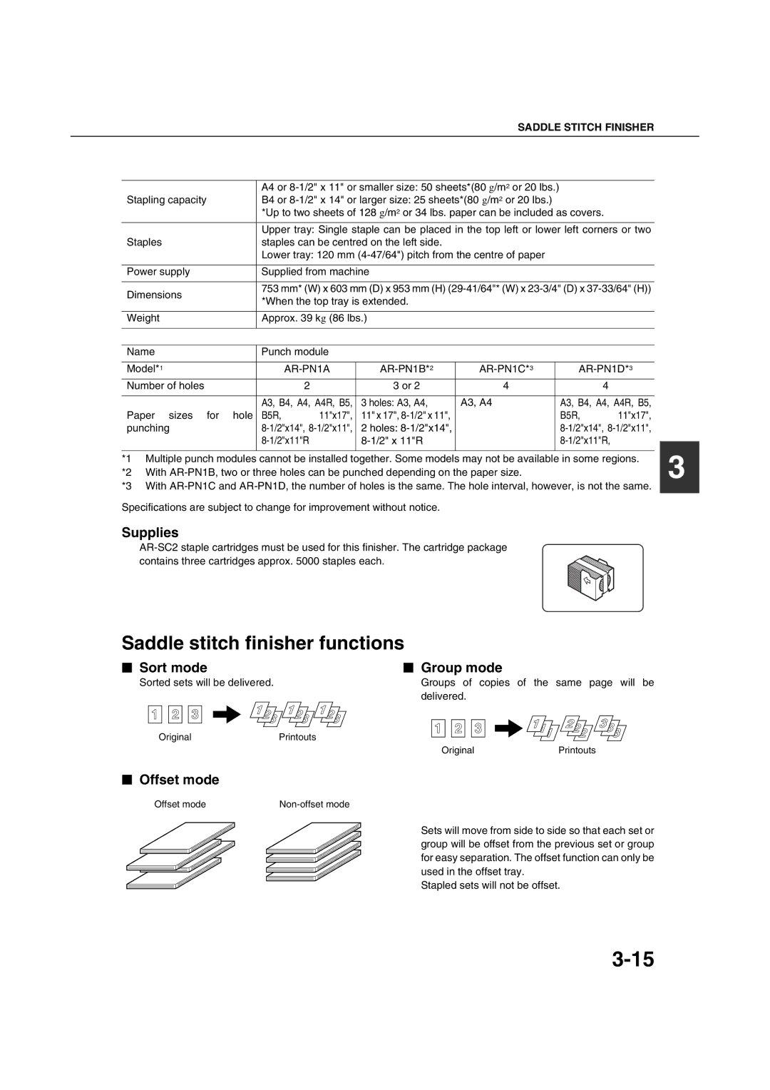 Sharp AR-M351U AR-M451U AR-M351N AR-M451N specifications Saddle stitch finisher functions, Sort mode Group mode 