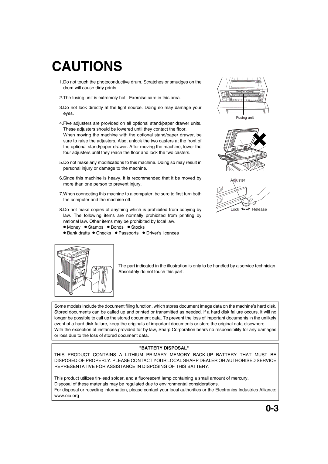 Sharp AR-M351U AR-M451U AR-M351N AR-M451N specifications Battery Disposal 