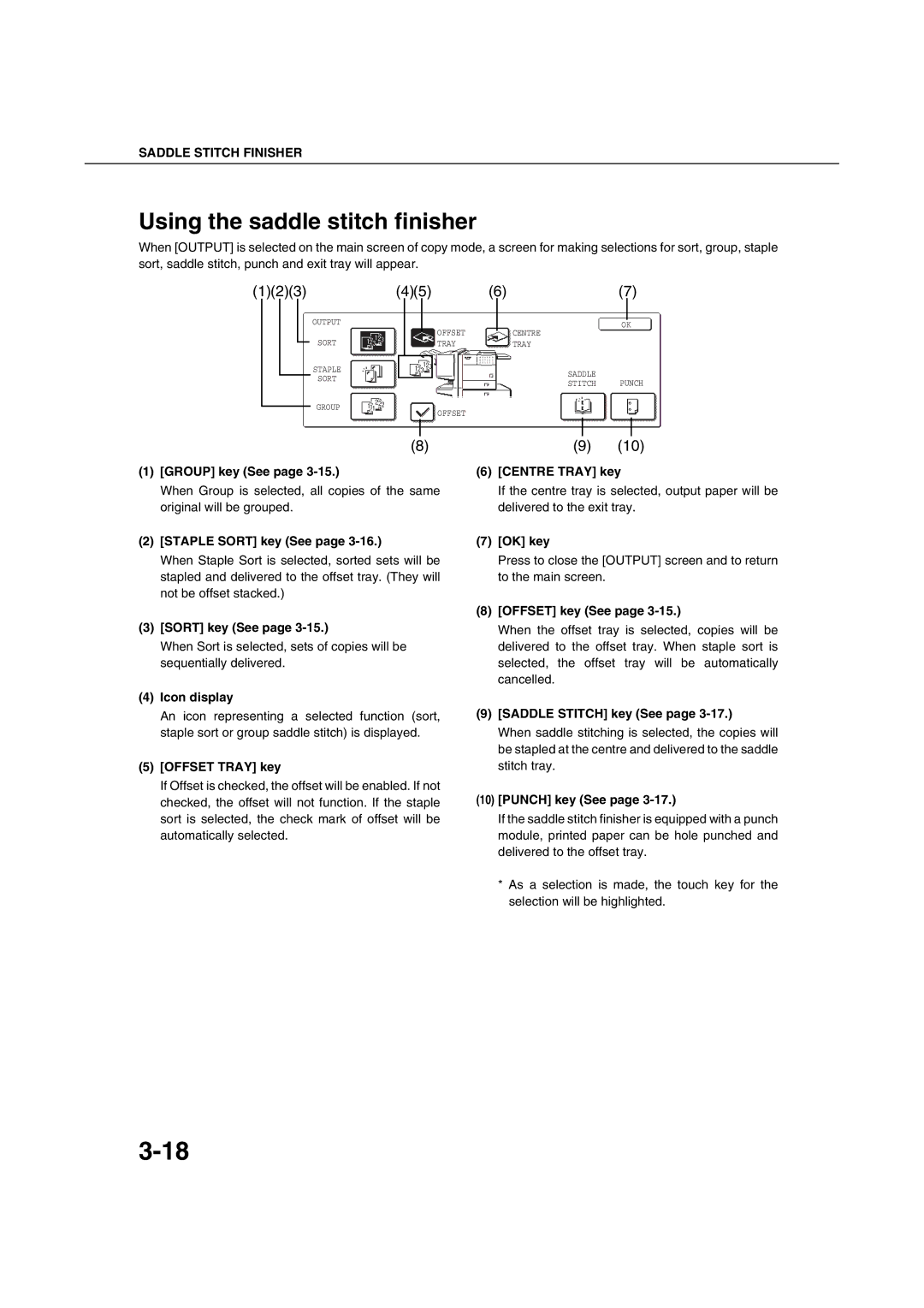 Sharp AR-M351U AR-M451U AR-M351N AR-M451N specifications Using the saddle stitch finisher, Offset Tray key, Centre Tray key 