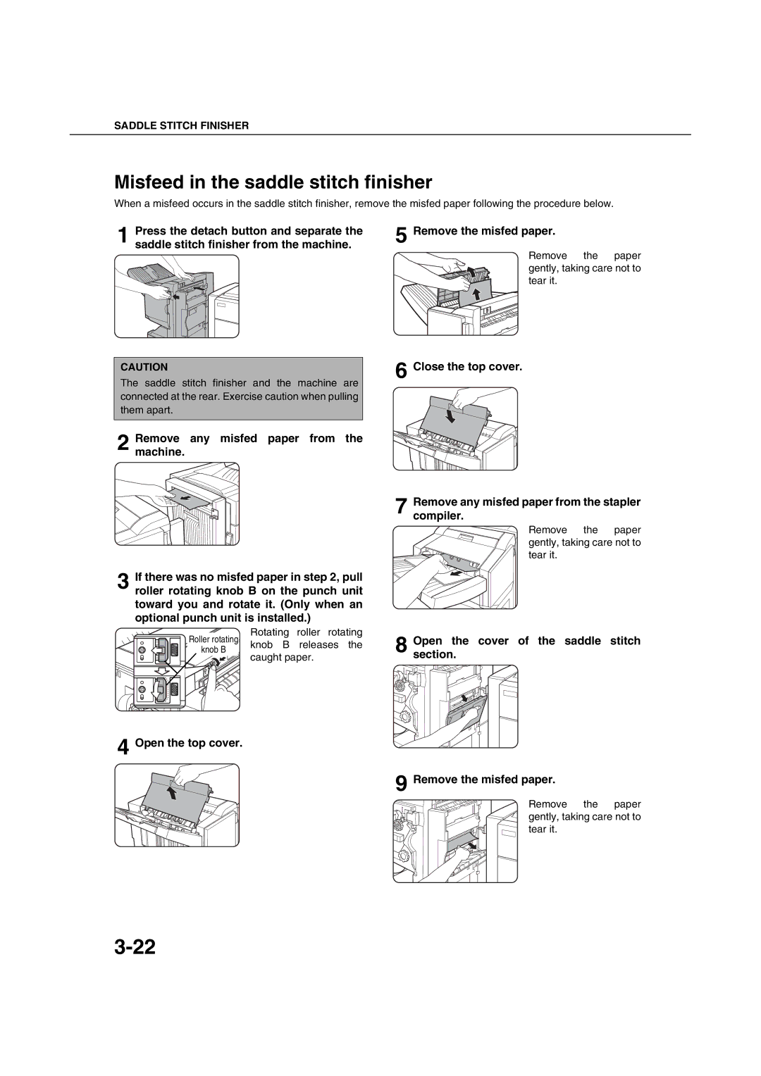 Sharp AR-M351U AR-M451U AR-M351N AR-M451N specifications Misfeed in the saddle stitch finisher, Rotating roller rotating 