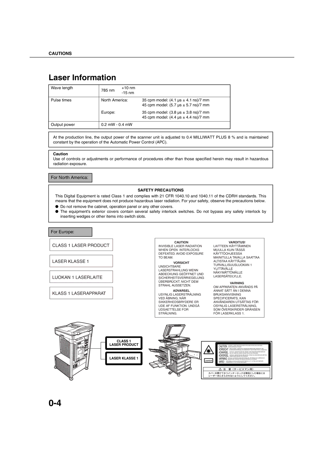 Sharp AR-M351U AR-M451U AR-M351N AR-M451N specifications Laser Information, For North America, For Europe 