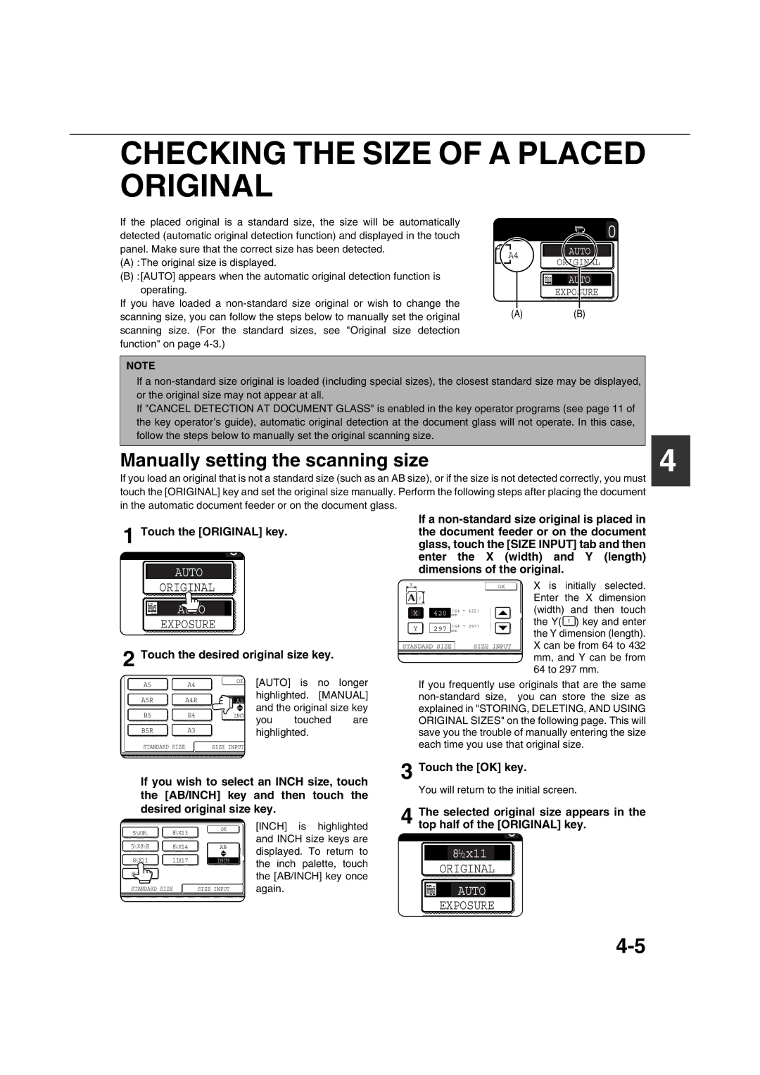 Sharp AR-M351U AR-M451U AR-M351N AR-M451N Checking the Size of a Placed Original, Manually setting the scanning size 