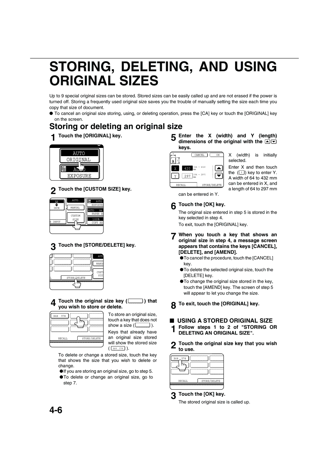 Sharp AR-M351U AR-M451U AR-M351N AR-M451N STORING, DELETING, and Using Original Sizes, Touch the Custom Size key 