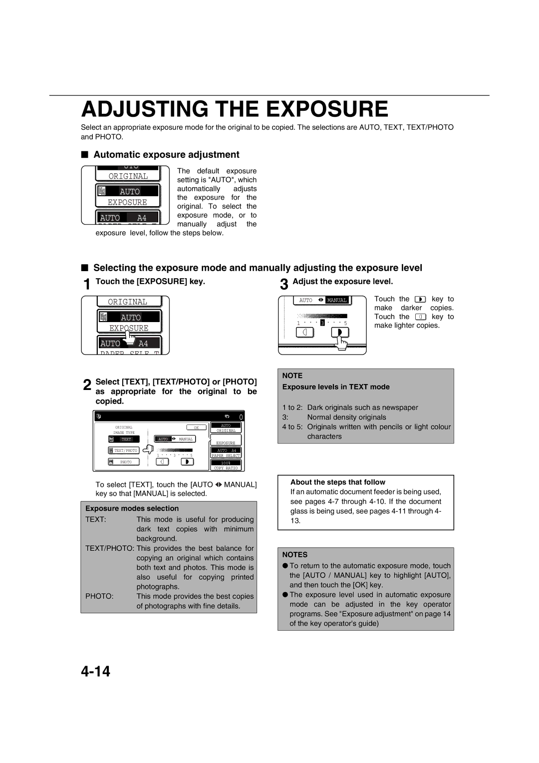 Sharp AR-M351U AR-M451U AR-M351N AR-M451N Adjusting the Exposure, Automatic exposure adjustment, Touch the Exposure key 