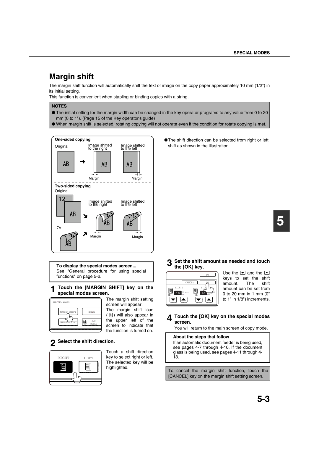 Sharp AR-M451N Margin shift, Touch the Margin Shift key on the special modes screen, Select the shift direction 