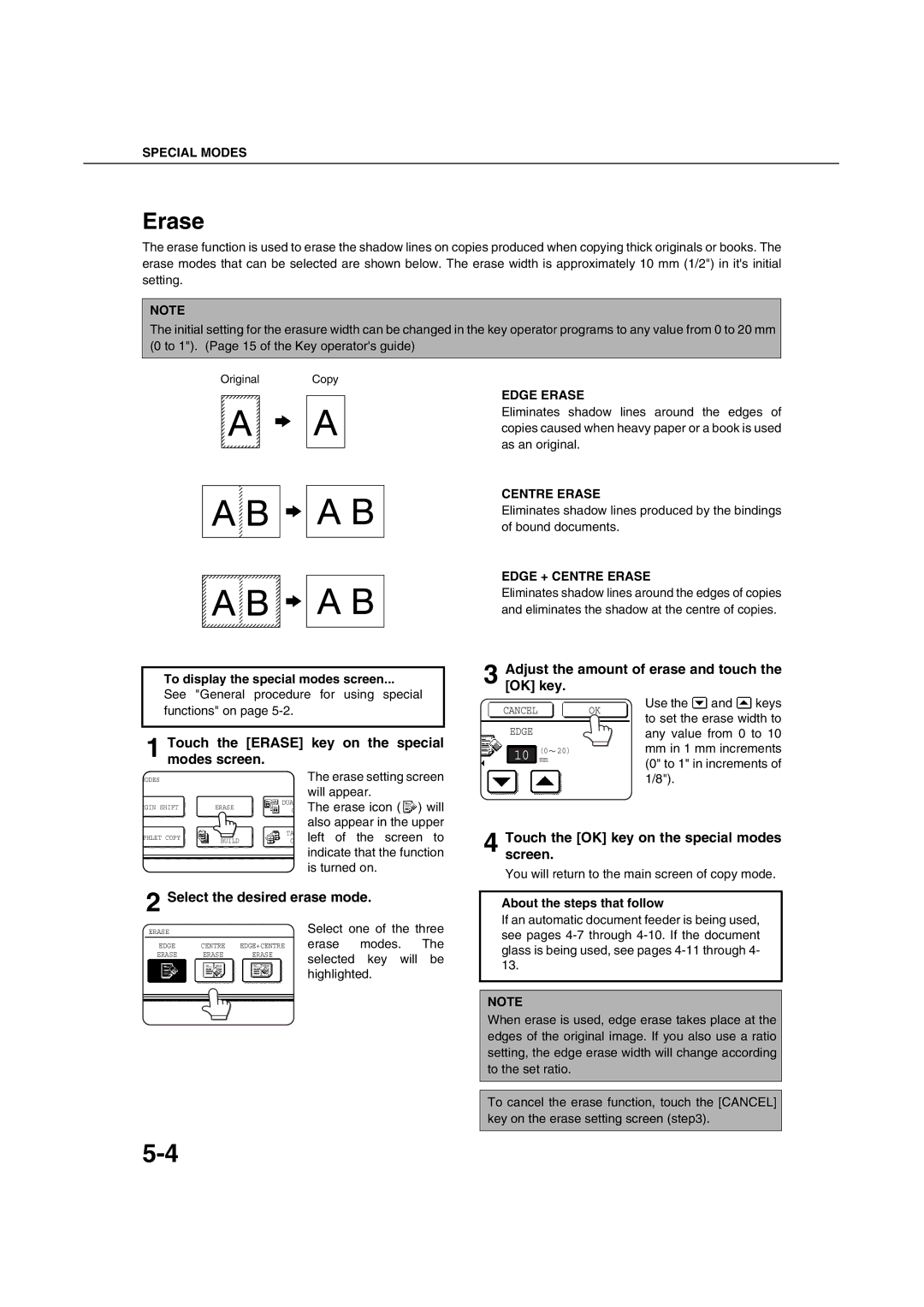 Sharp AR-M451N specifications Touch the Erase key on the special modes screen, Select the desired erase mode 