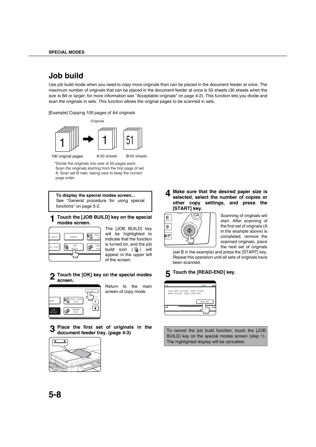 Sharp AR-M451N specifications Job build, Touch the JOB Build key on the special modes screen 