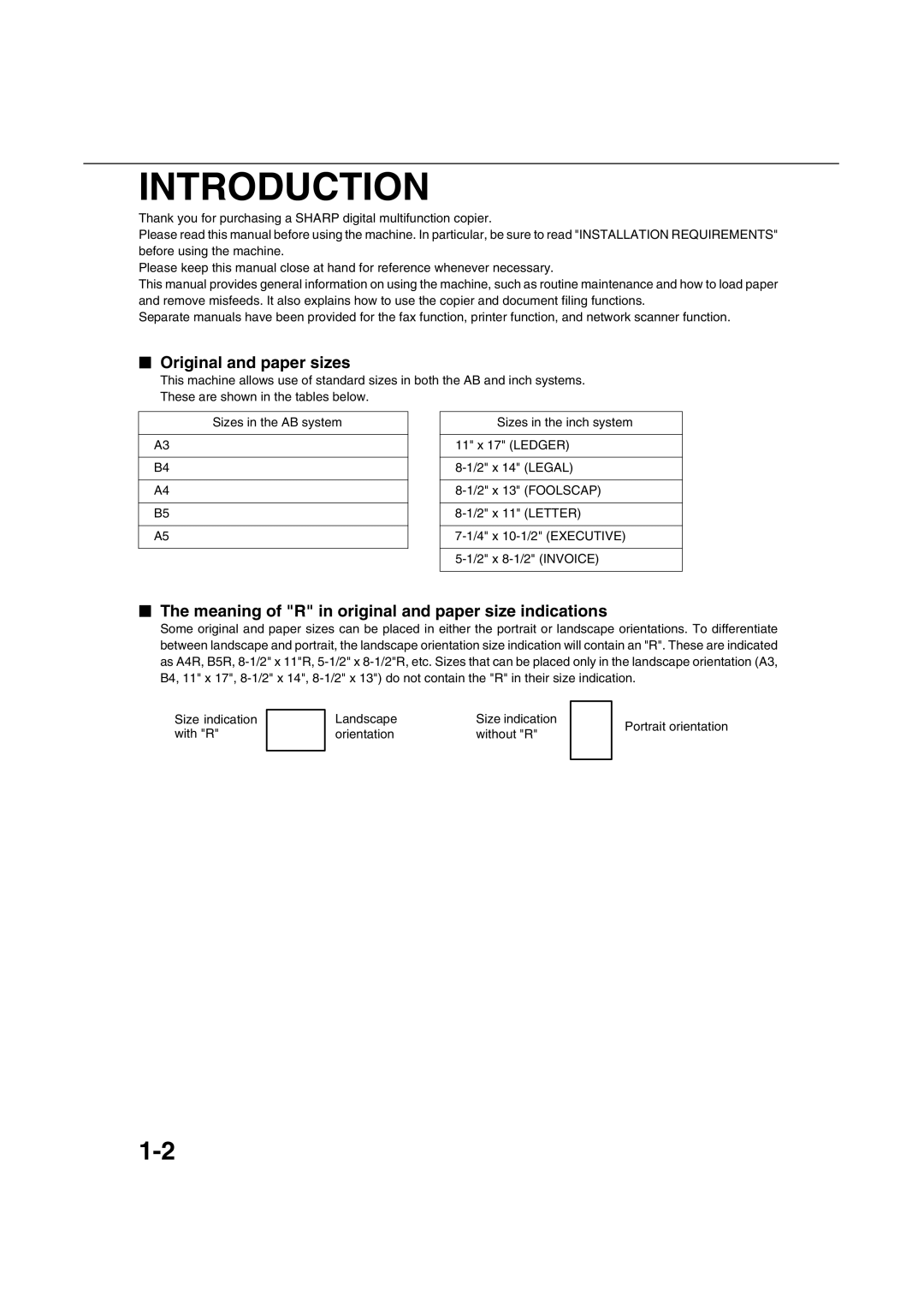 Sharp AR-M451N specifications Introduction, Original and paper sizes, Meaning of R in original and paper size indications 