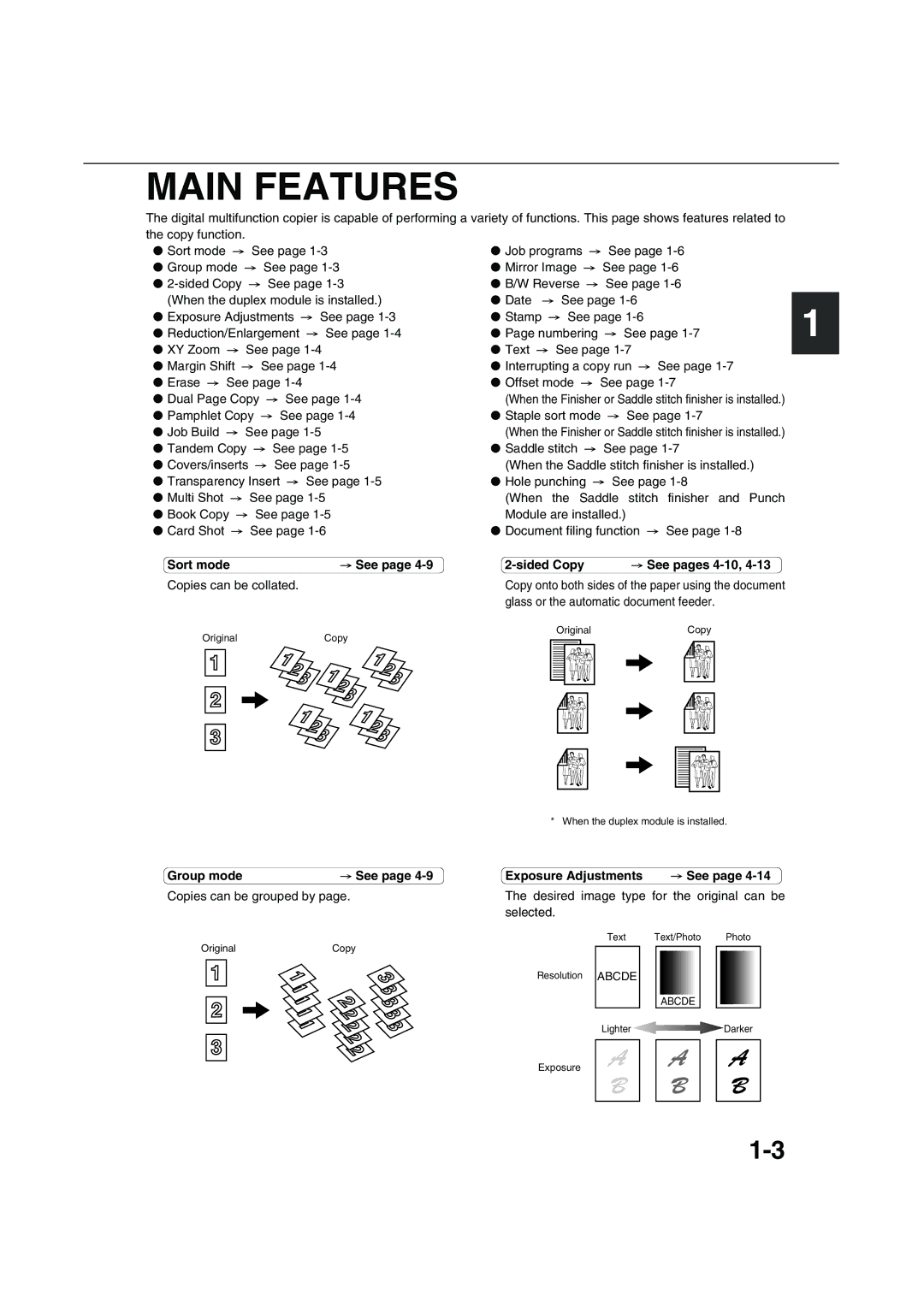 Sharp AR-M451N Main Features, Pamphlet Copy See Staple sort mode Job Build, Sort mode, Copies can be collated 