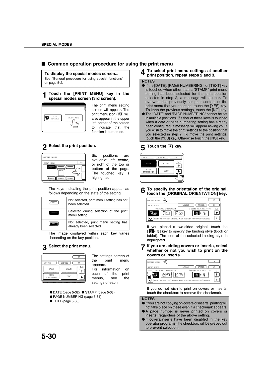 Sharp AR-M451N Common operation procedure for using the print menu, To display the special modes screen, Touch the key 