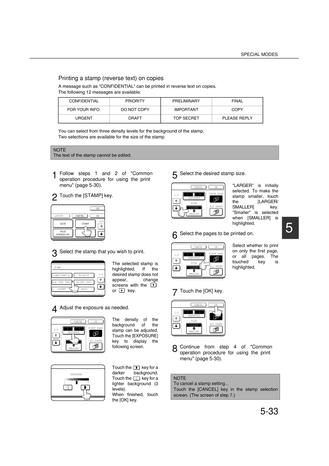 Sharp AR-M451N Printing a stamp reverse text on copies, Select the stamp that you wish to print, To cancel a stamp setting 