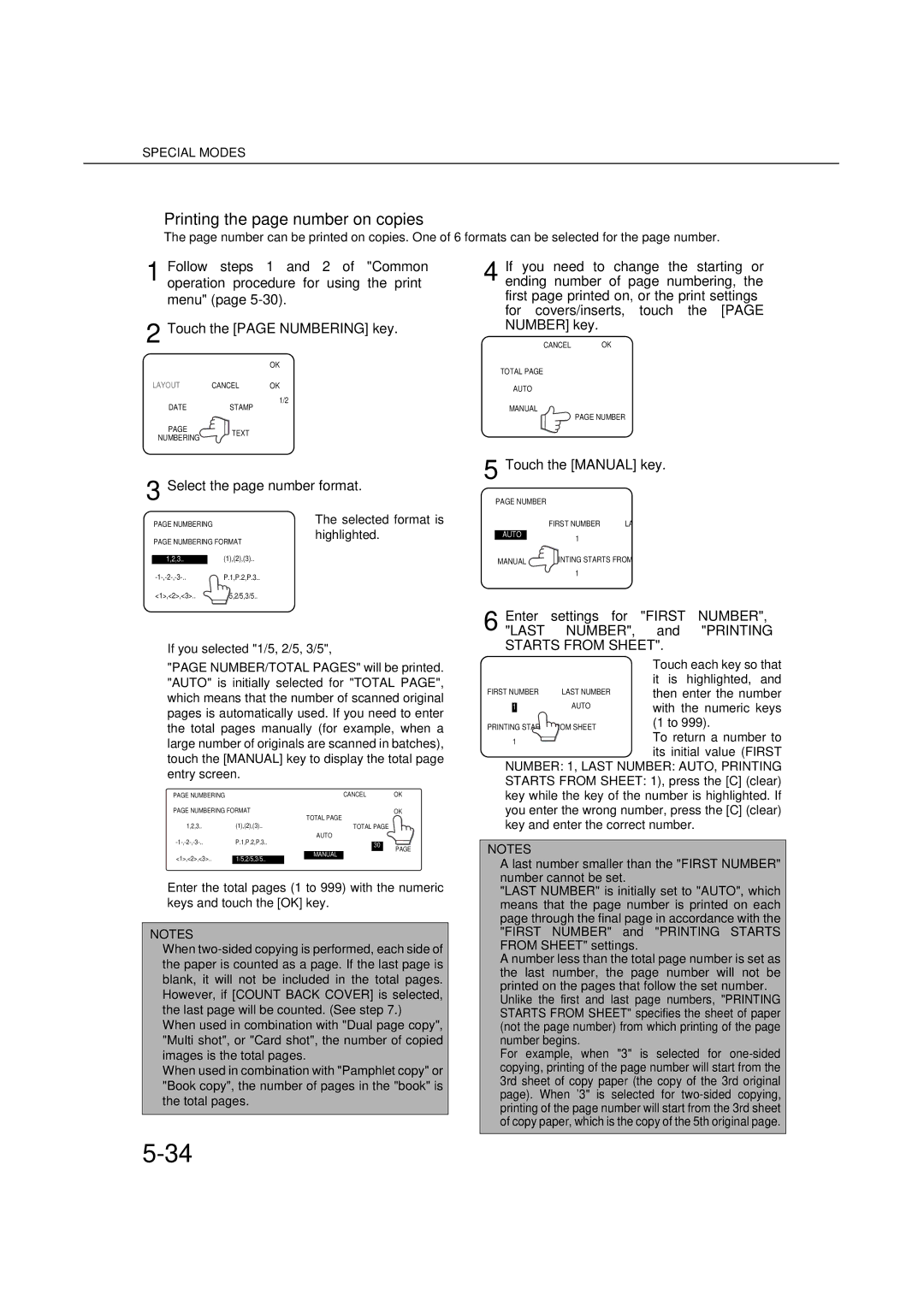 Sharp AR-M451N Printing the page number on copies, Select the page number format, Touch the Manual key, Selected format is 