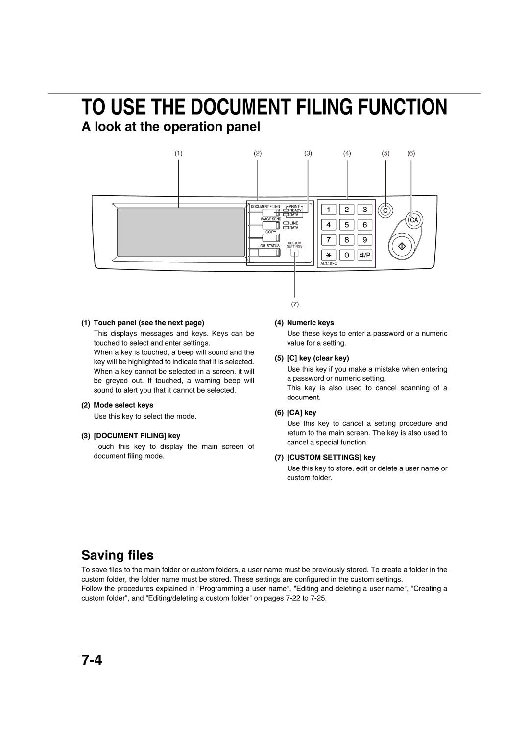 Sharp AR-M451N specifications Look at the operation panel, Saving files, Touch panel see the next, Mode select keys, CA key 