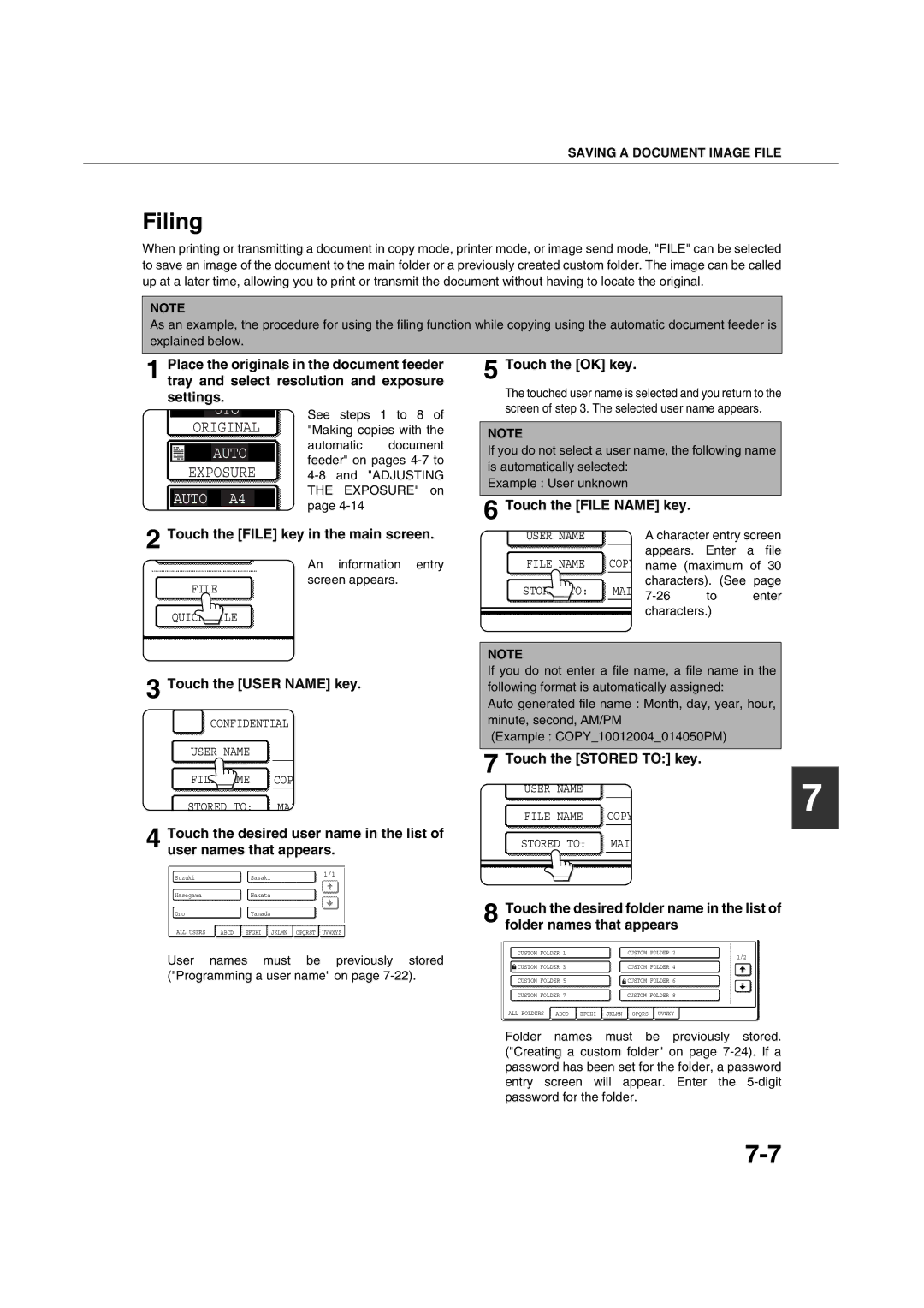 Sharp AR-M451N Filing, Touch the File key in the main screen, Touch the User Name key, Touch the File Name key 