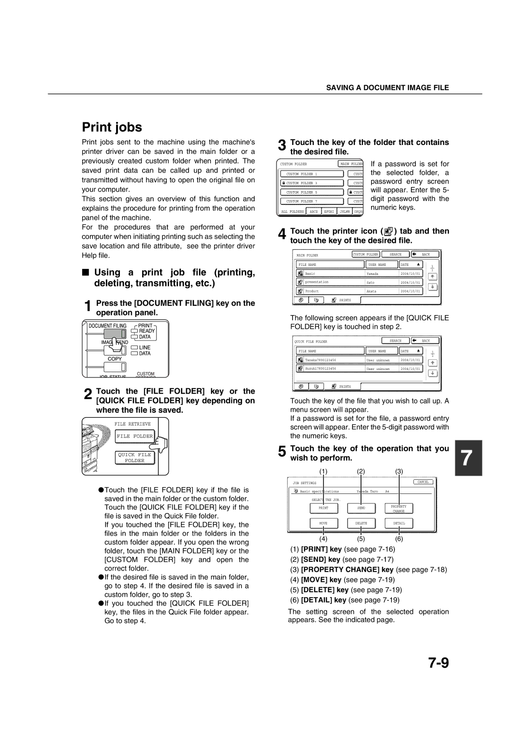 Sharp AR-M451N Print jobs, Touch the key of the folder that contains the desired file, Property Change key see 