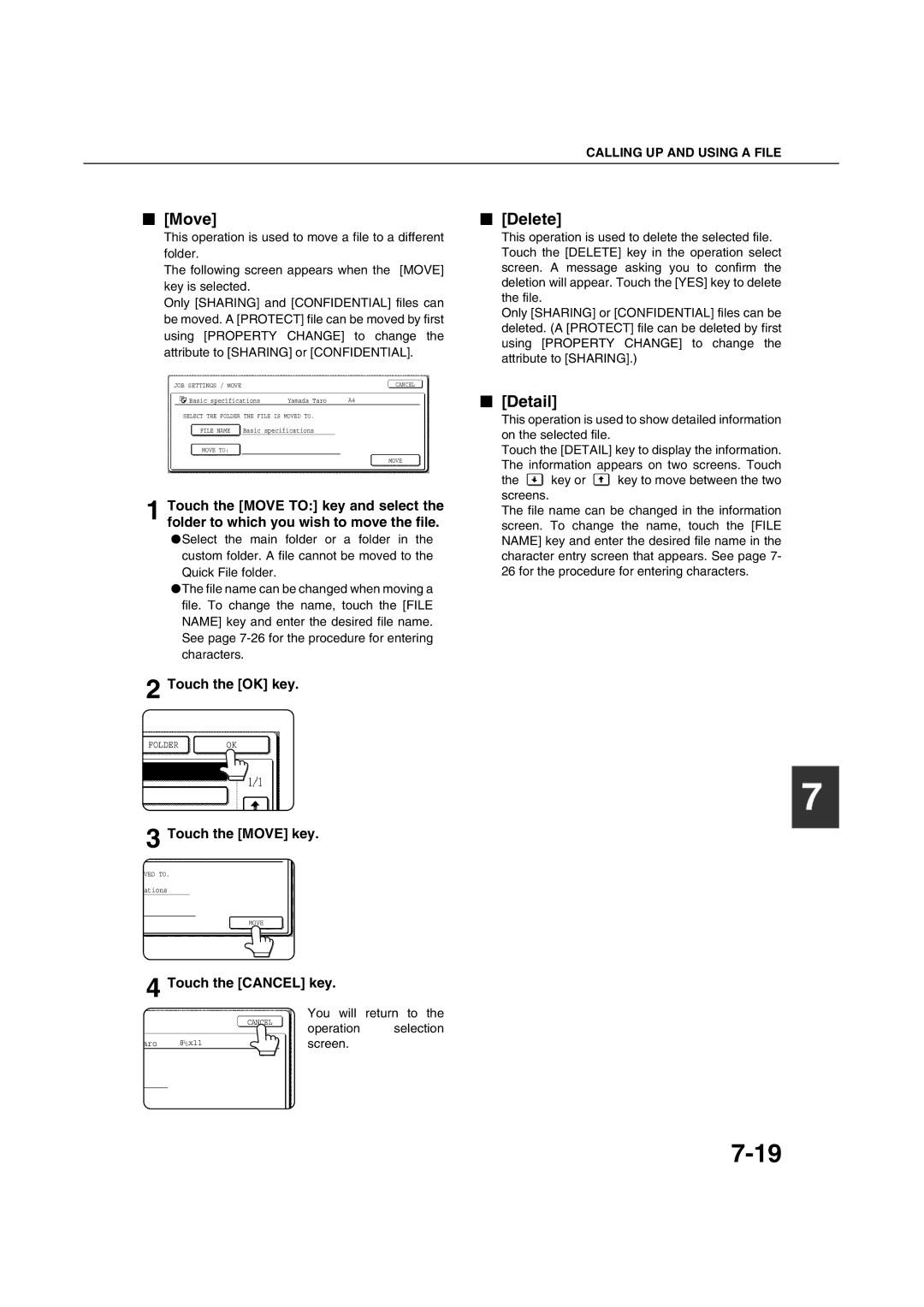 Sharp AR-M451N specifications Delete, Detail, Touch the Move key, Touch the Cancel key 