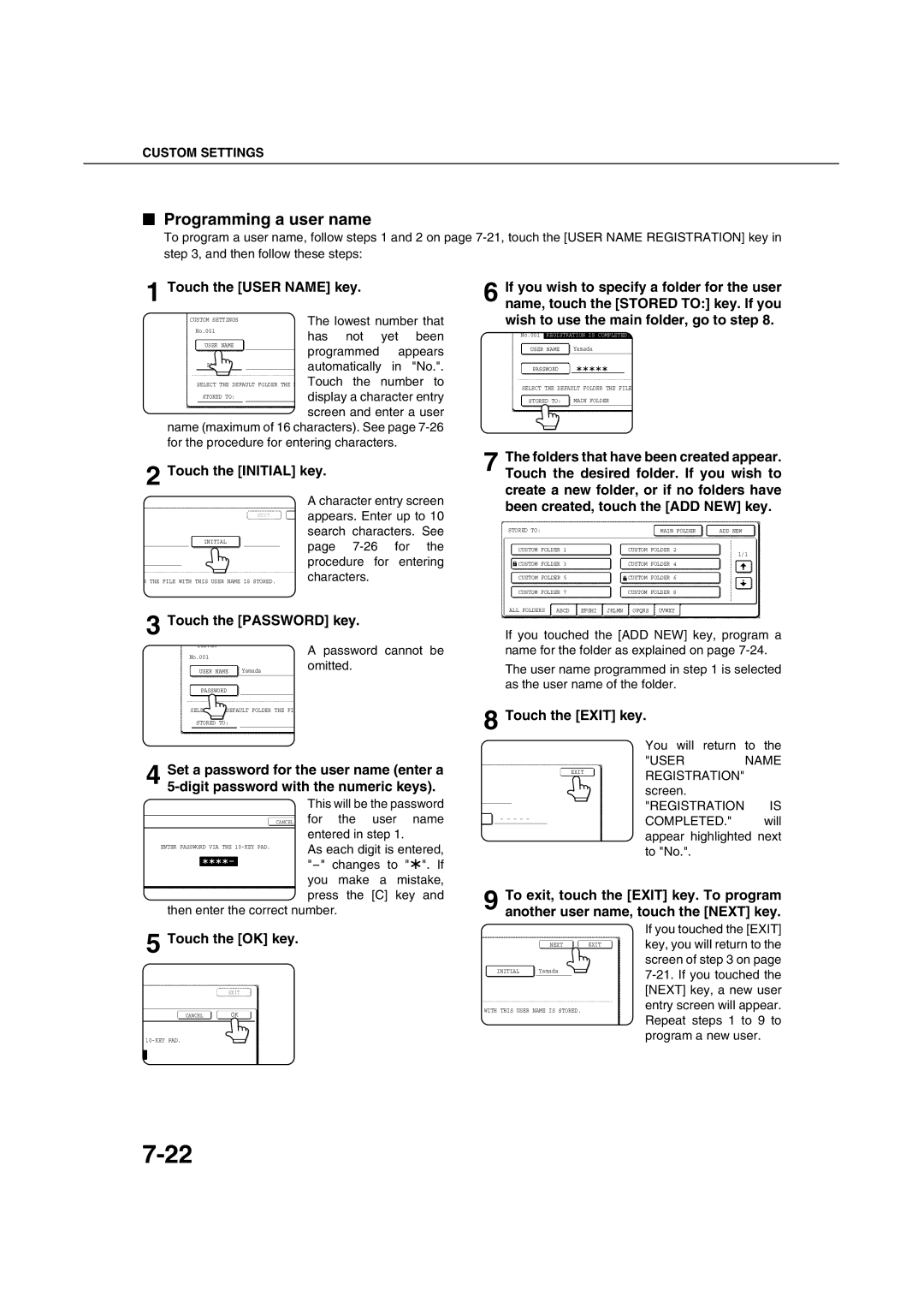 Sharp AR-M451N specifications Programming a user name, Touch the Initial key, Touch the Password key, Touch the Exit key 