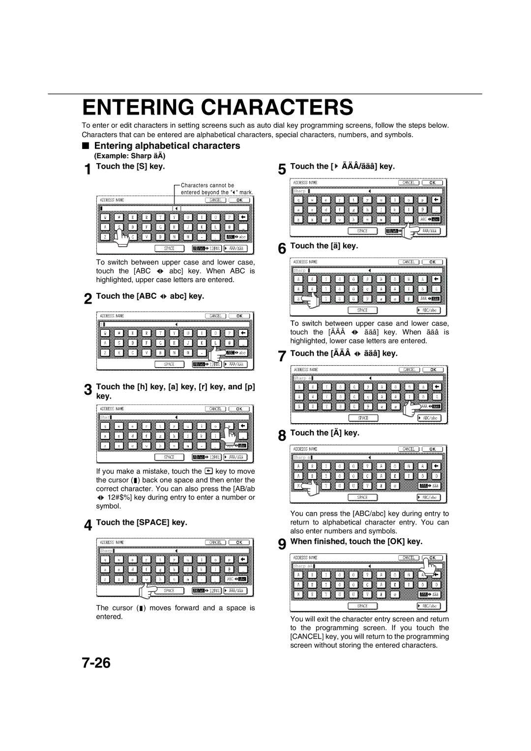 Sharp AR-M451N specifications Entering Characters, Entering alphabetical characters 