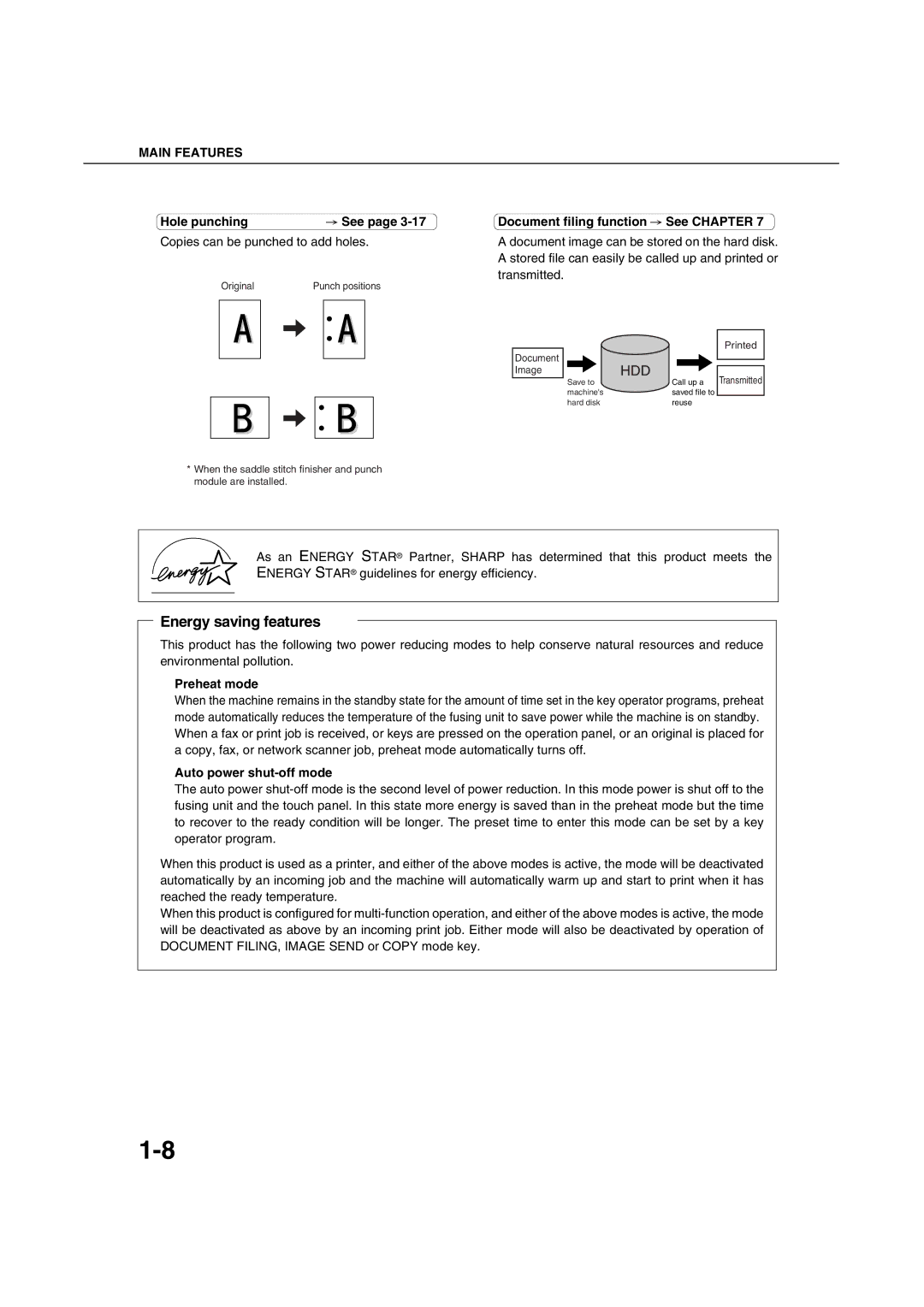 Sharp AR-M451N Hole punching, Copies can be punched to add holes, Document filing function See Chapter, Preheat mode 