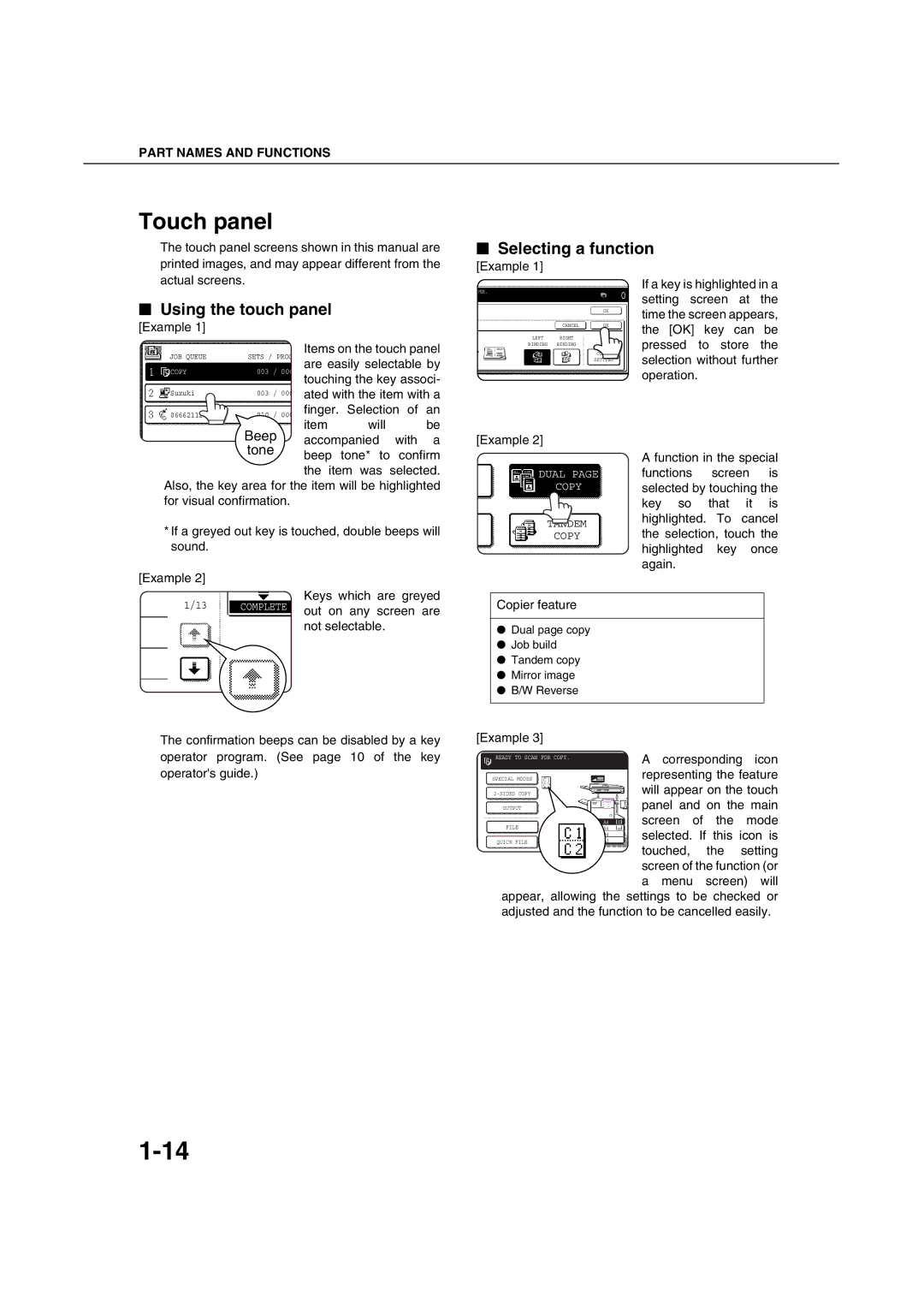 Sharp AR-M451N specifications Touch panel, Using the touch panel, Selecting a function 