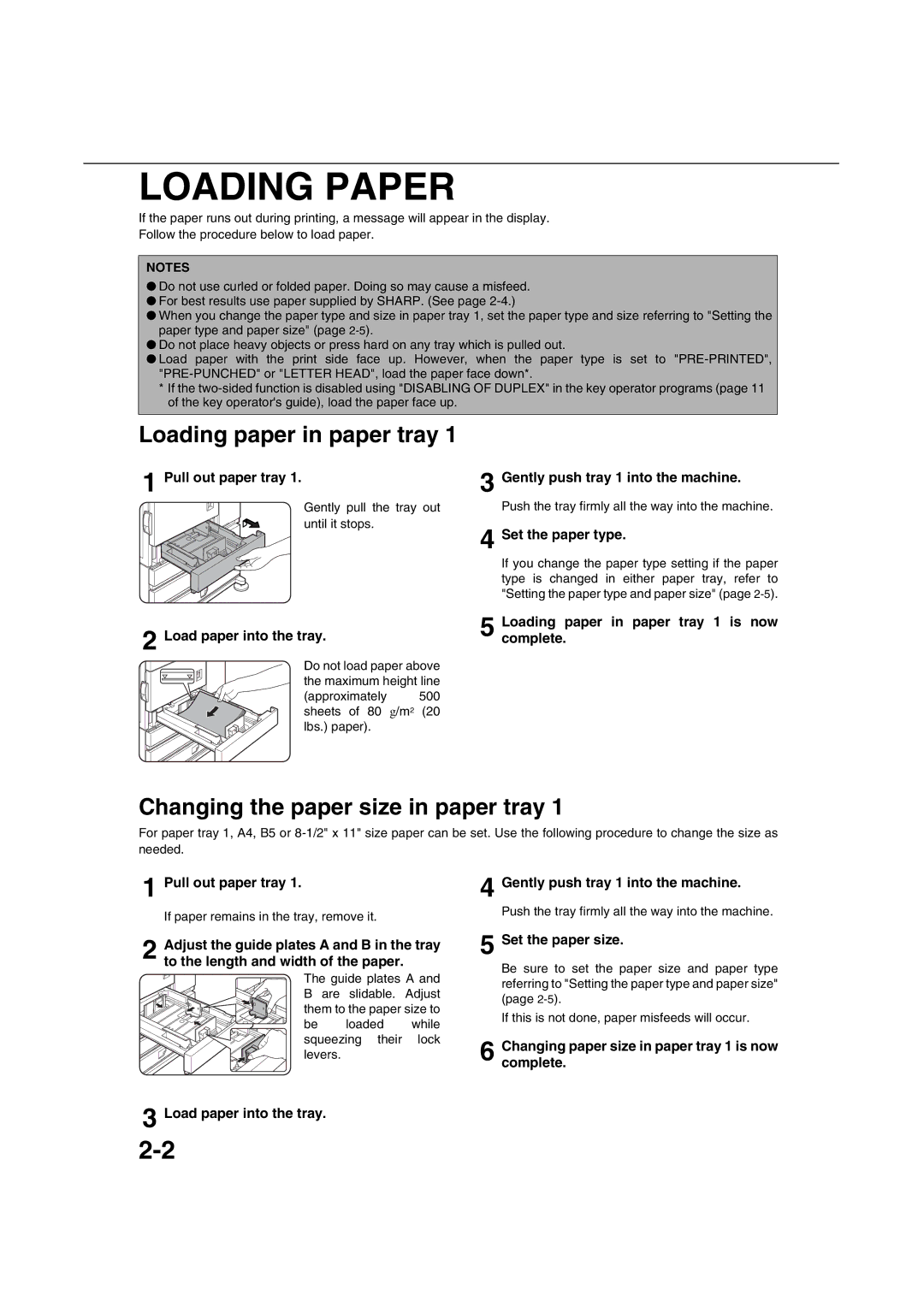 Sharp AR-M451N specifications Loading Paper, Loading paper in paper tray, Changing the paper size in paper tray 