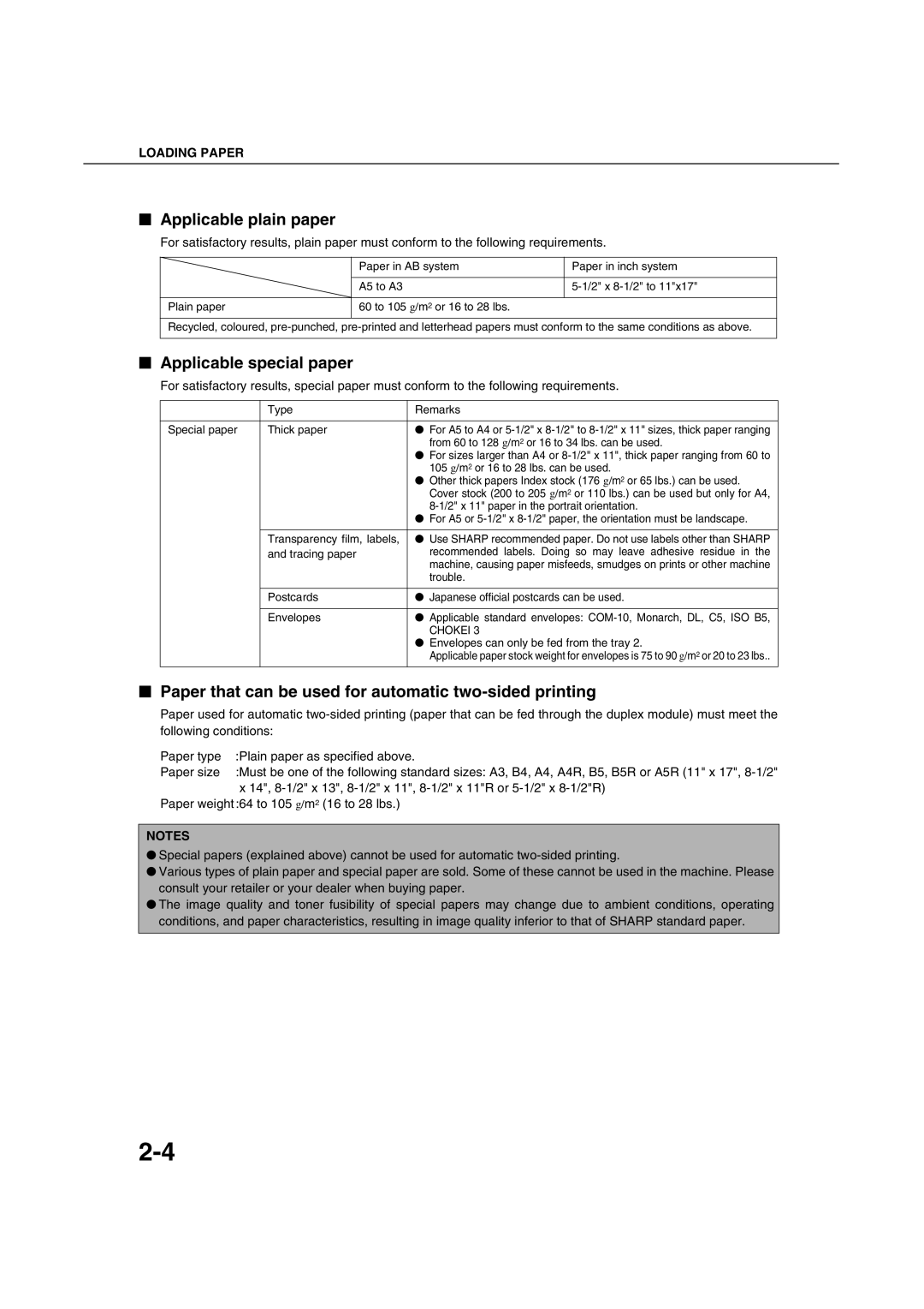 Sharp AR-M451N Applicable plain paper, Applicable special paper, Paper that can be used for automatic two-sided printing 