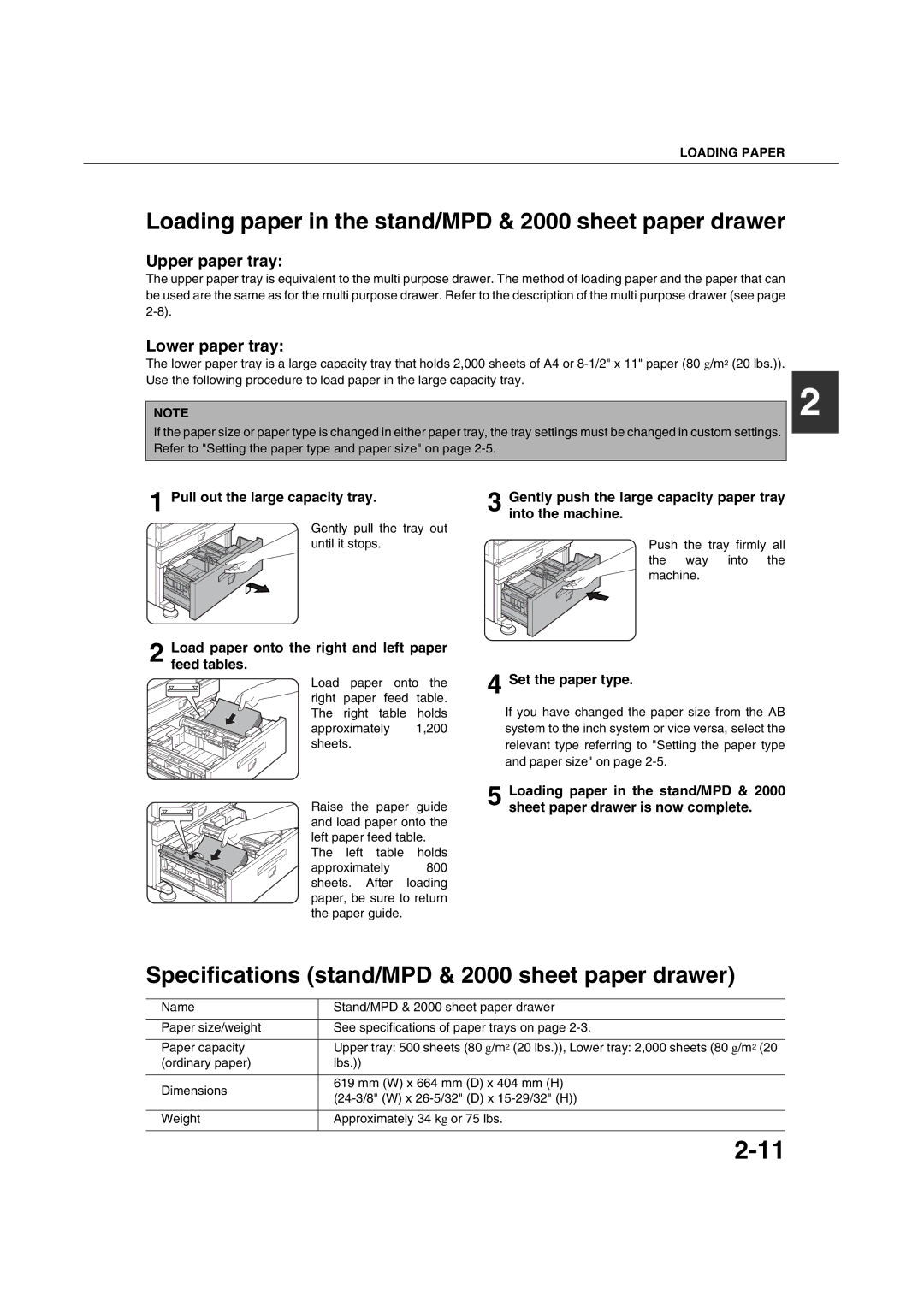 Sharp AR-M451N specifications Loading paper in the stand/MPD & 2000 sheet paper drawer, Lower paper tray 