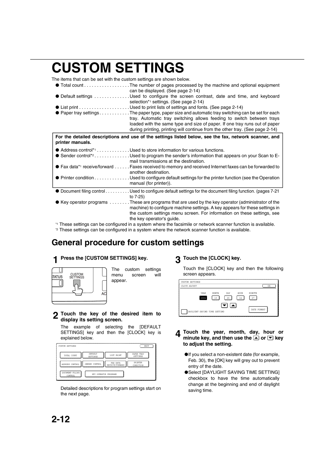 Sharp AR-M451N specifications Custom Settings, General procedure for custom settings, Touch the Clock key 