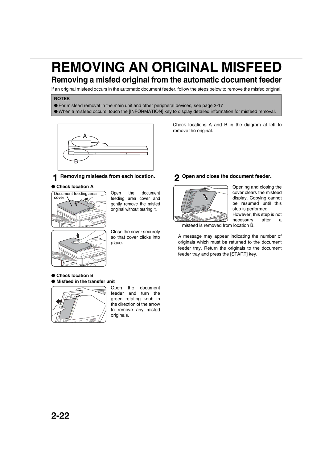 Sharp AR-M451N specifications Removing AN Original Misfeed, Check location a, Check location B Misfeed in the transfer unit 