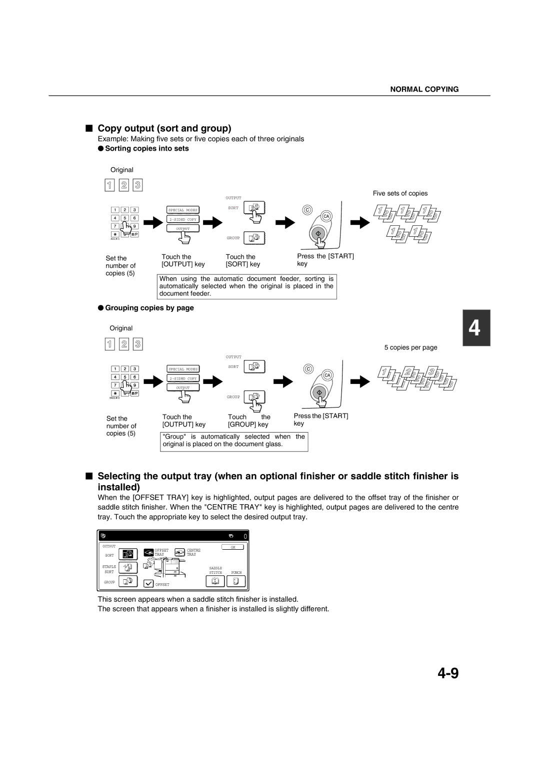 Sharp AR-M451N specifications Copy output sort and group, Sorting copies into sets, Grouping copies by 