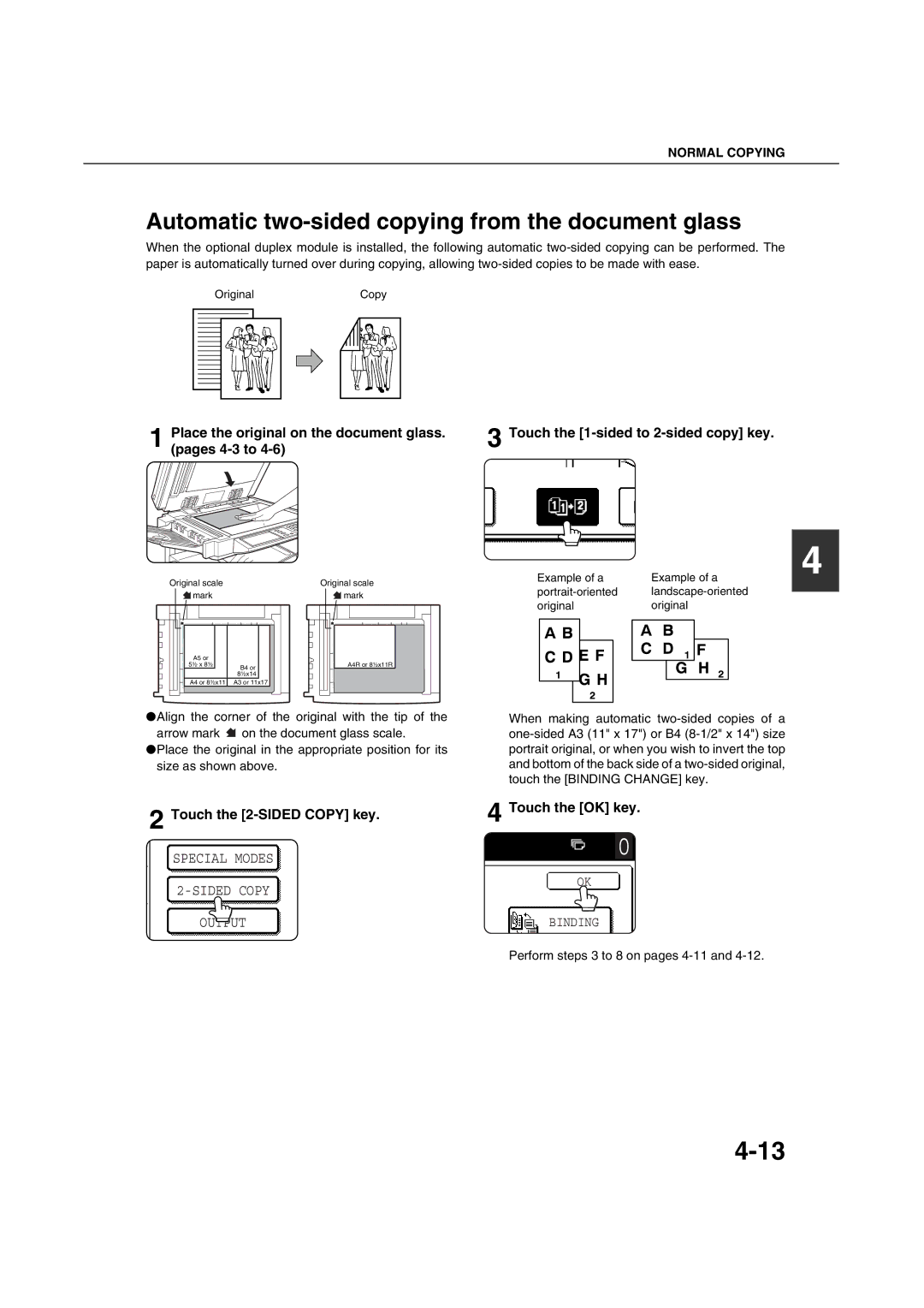 Sharp AR-M451N Automatic two-sided copying from the document glass, Touch the 2-SIDED Copy key.4 Touch the OK key 