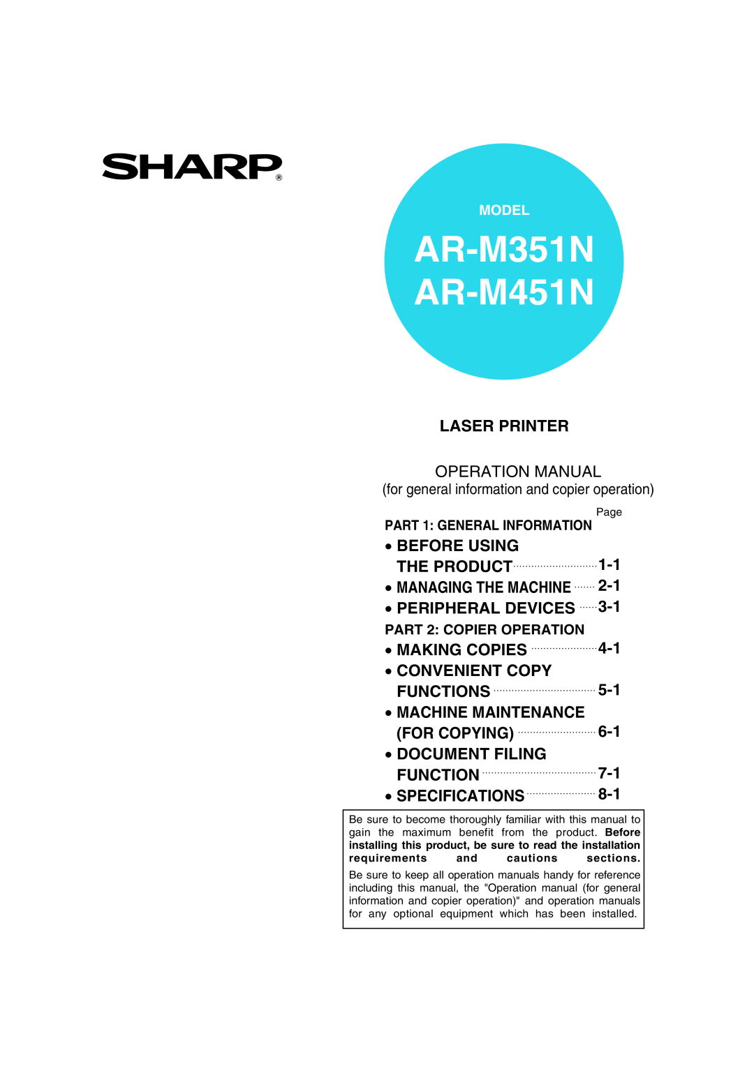 Sharp AR-M451N specifications Laser Printer, Before Using, The Product, Peripheral Devices, Making Copies, Convenient Copy 