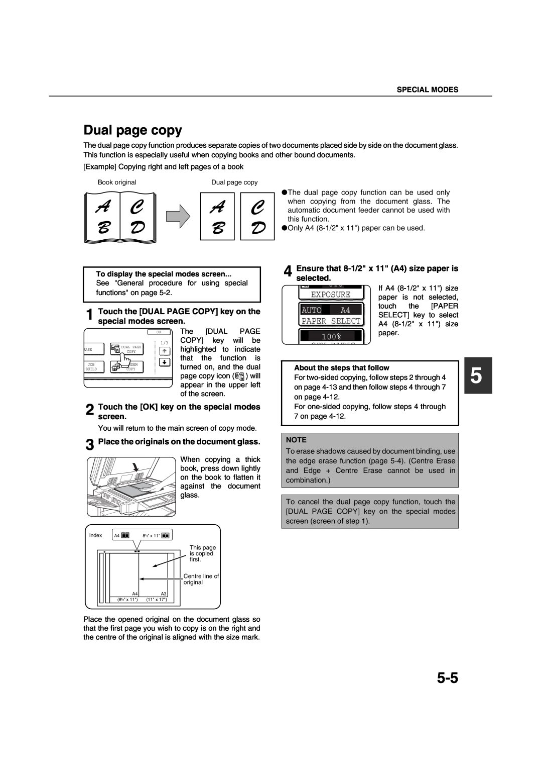 Sharp AR-M451N Dual page copy, Ensure that 8-1/2 x 11 A4 size paper is selected, Place the originals on the document glass 