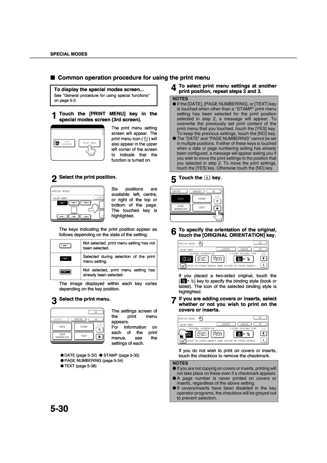 Sharp AR-M451N 5-30, Common operation procedure for using the print menu, To display the special modes screen 