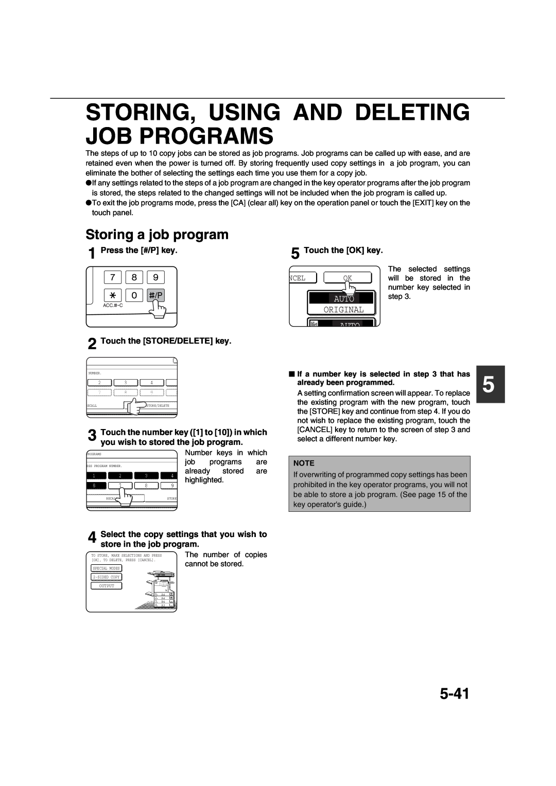 Sharp AR-M451N Storing, Using And Deleting Job Programs, 5-41, Storing a job program, Press the #/P key, Ncel Ok, Auto 