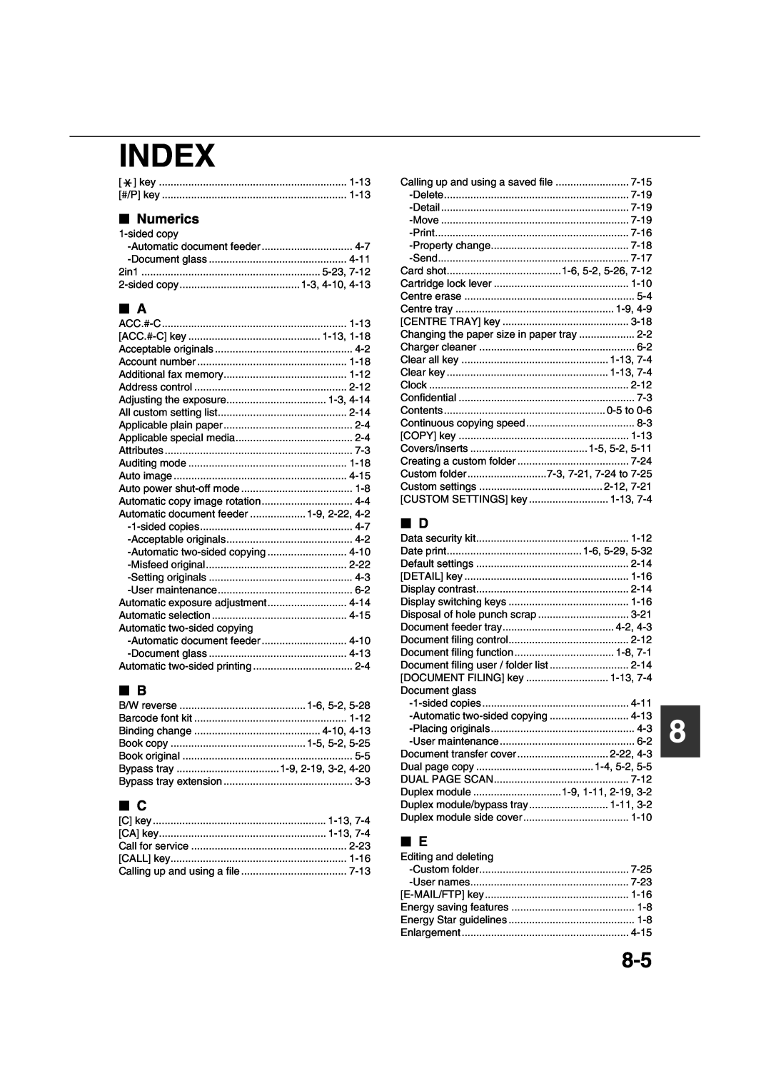 Sharp AR-M451N specifications Index, Numerics 