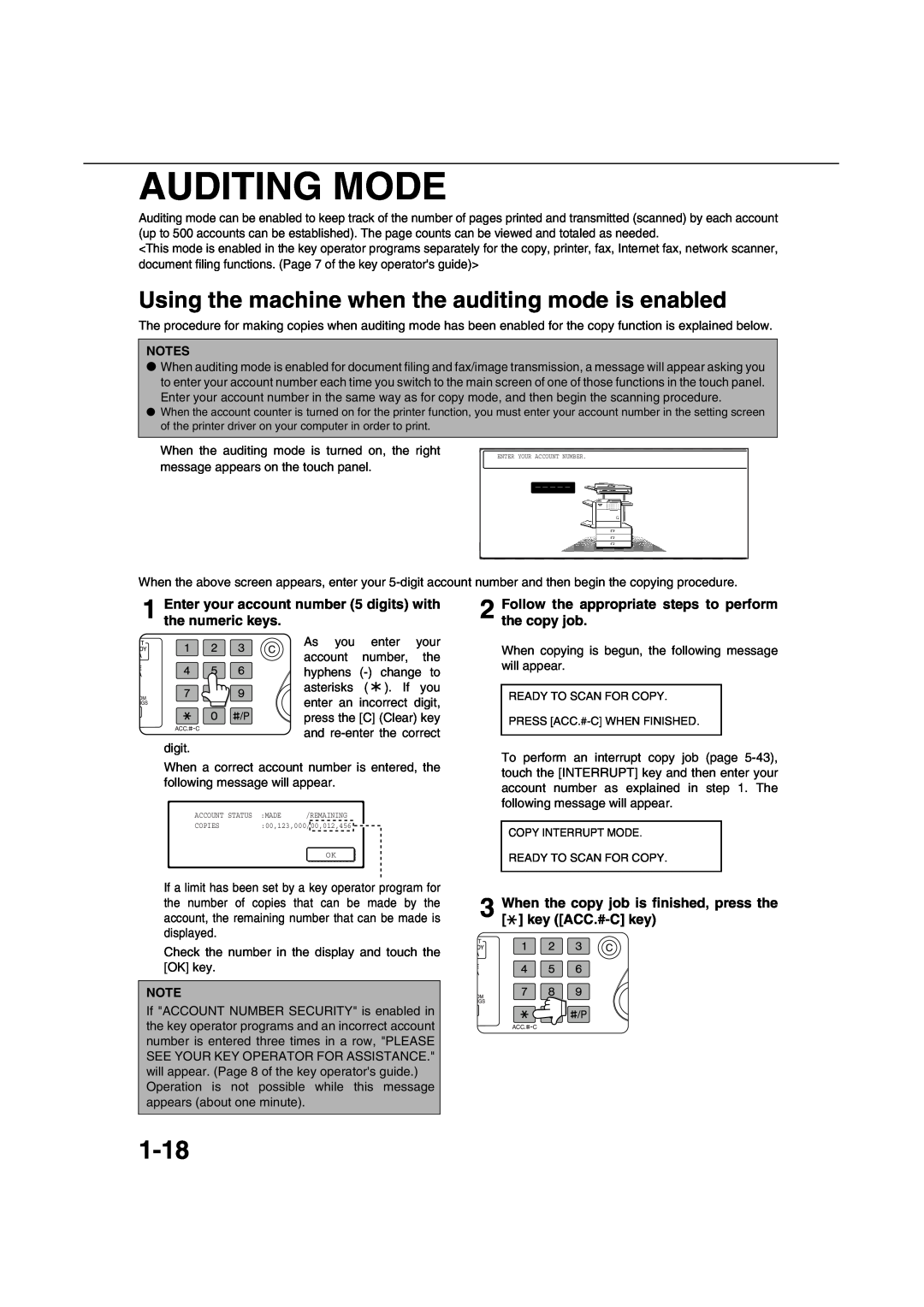 Sharp AR-M451N specifications Auditing Mode, 1-18, Using the machine when the auditing mode is enabled 
