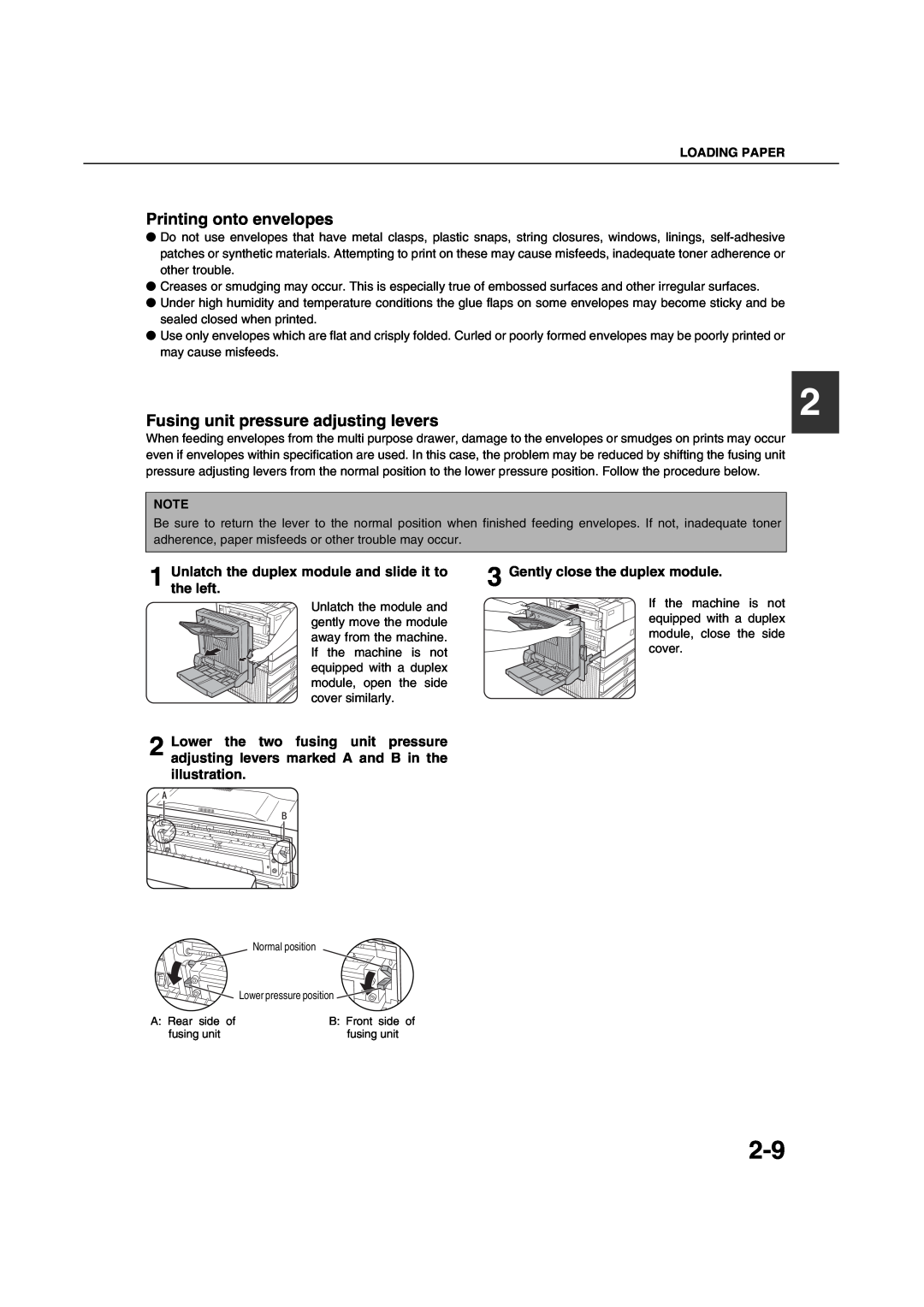 Sharp AR-M451N Printing onto envelopes, Fusing unit pressure adjusting levers, Gently close the duplex module 